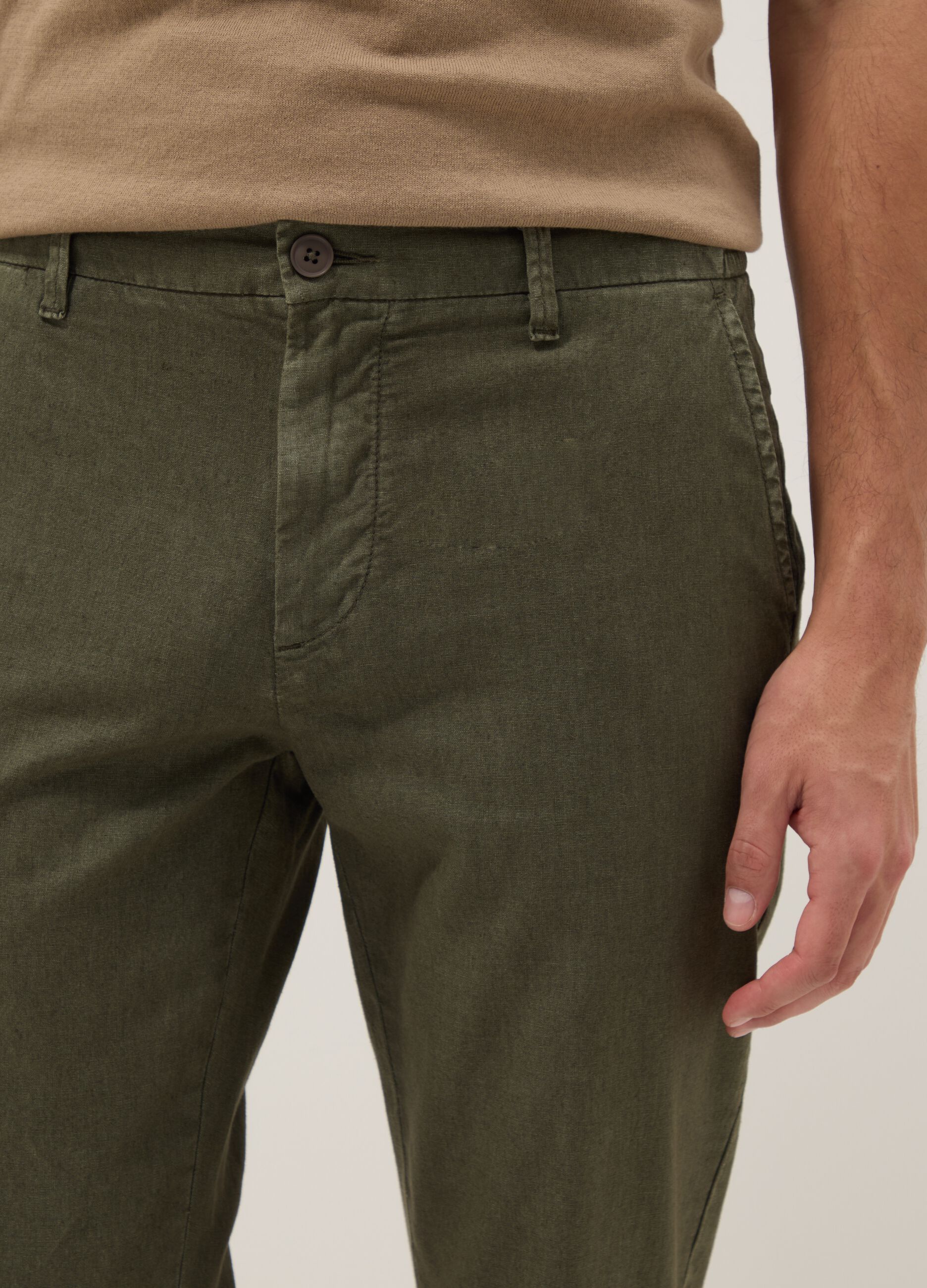 Green linen and cotton blend regular-fit chino trousers
