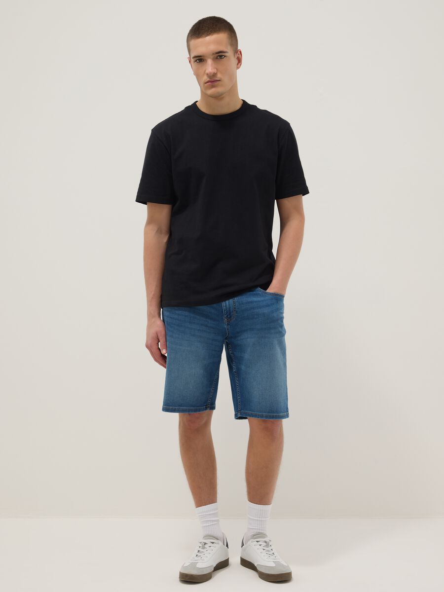 Blue stretch cotton-blend denim shorts, regular fit_0