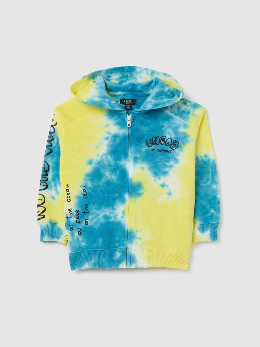 Blue and yellow full-zip sweatshirt with tie dye pattern, hood and print_0