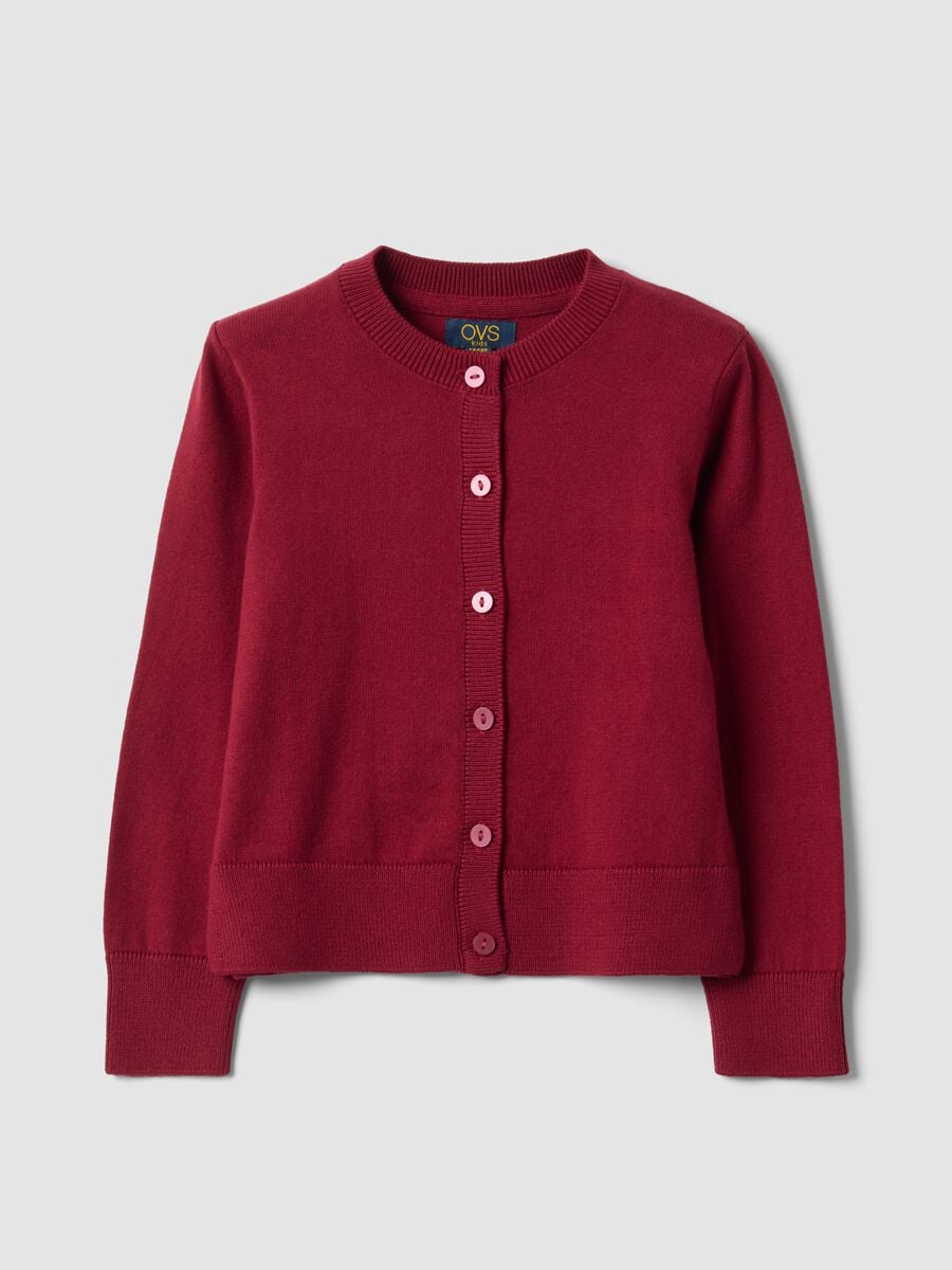Red cotton-blend crew-neck cardigan, regular fit, for girls_0