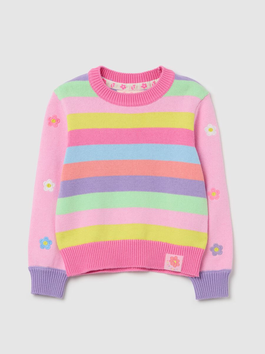 Striped cotton pullover with small flowers embroidery_0
