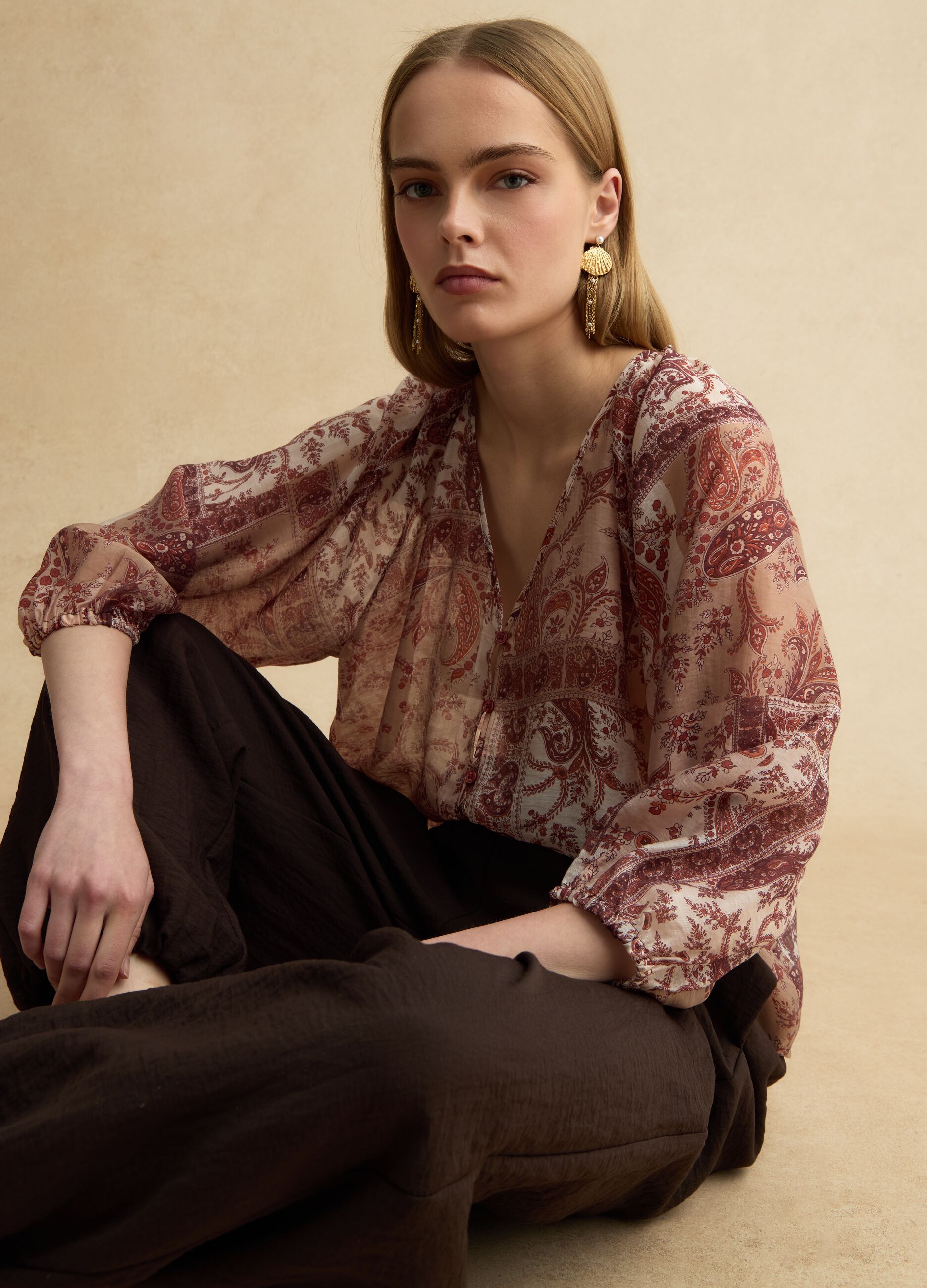 Multicolour regular fit lyocell blend blouse with buttons
