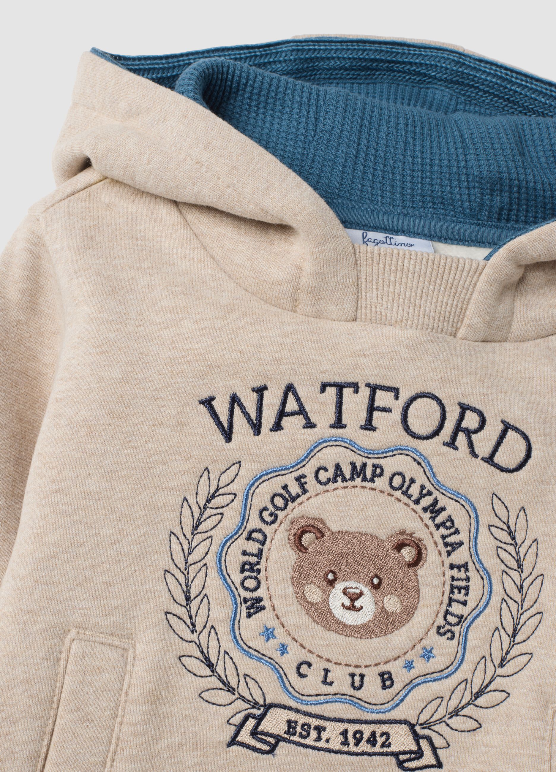 Beige pure cotton hoodie sweatshirt with crew neck