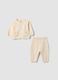 Beige organic cotton knit set with cardigan and trousers_0