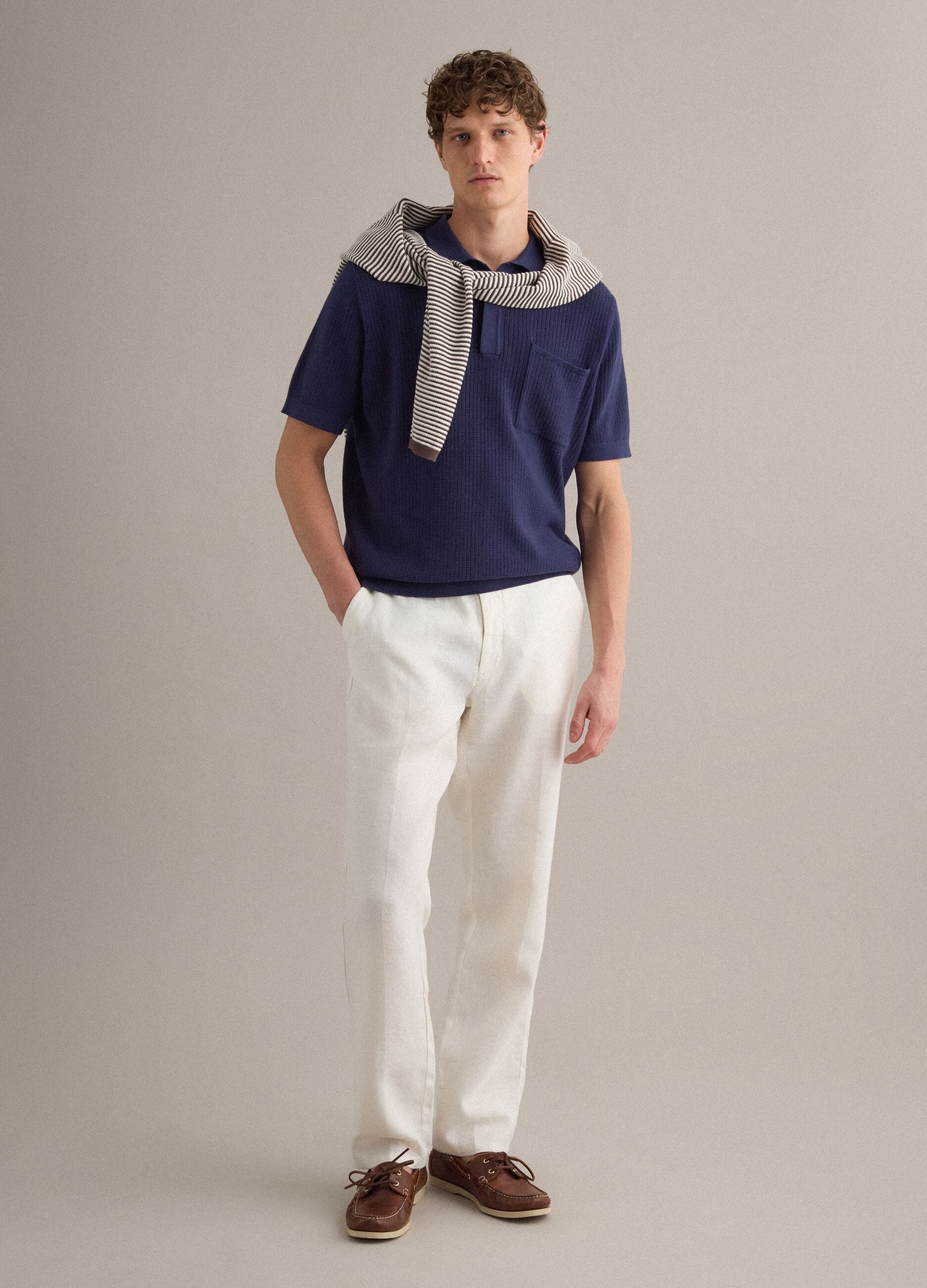 Blue pure cotton polo shirt with chest pocket, regular fit