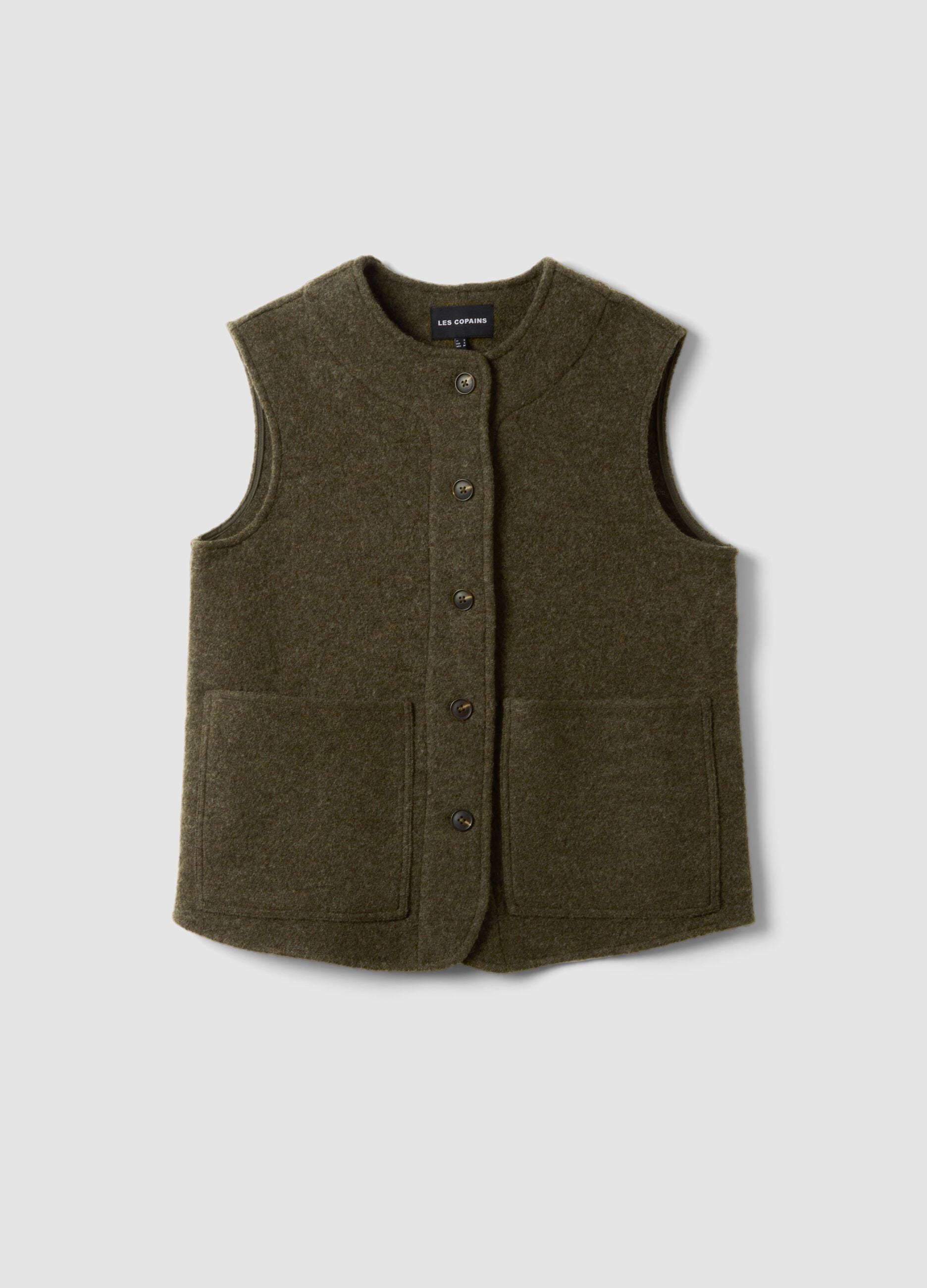Green pure wool crew-neck gilet with oversized fit