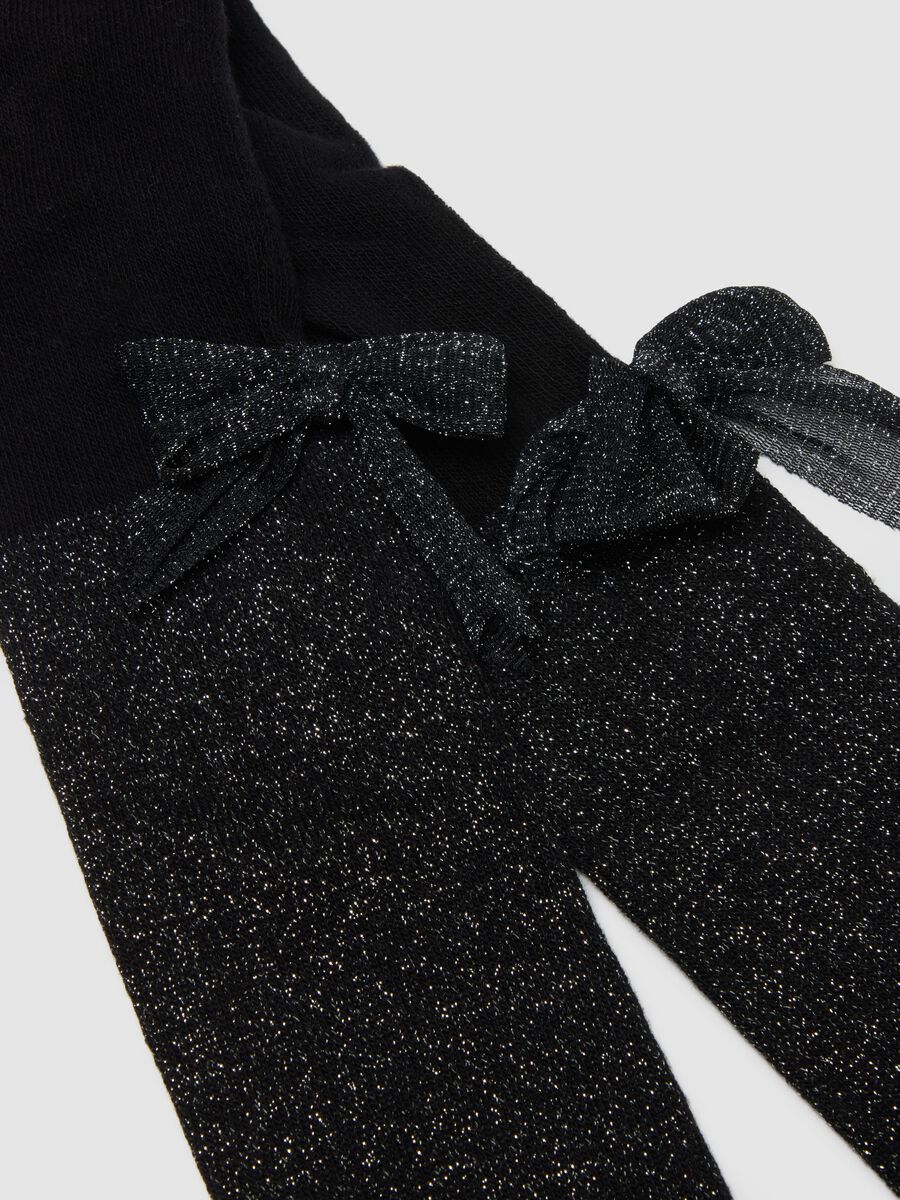 Girls' Black Glitter Cotton Blend Tights with Bow_2