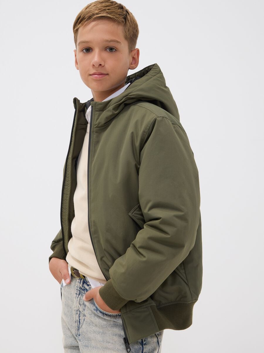 Green waterproof hooded bomber jacket with zip for boys_2