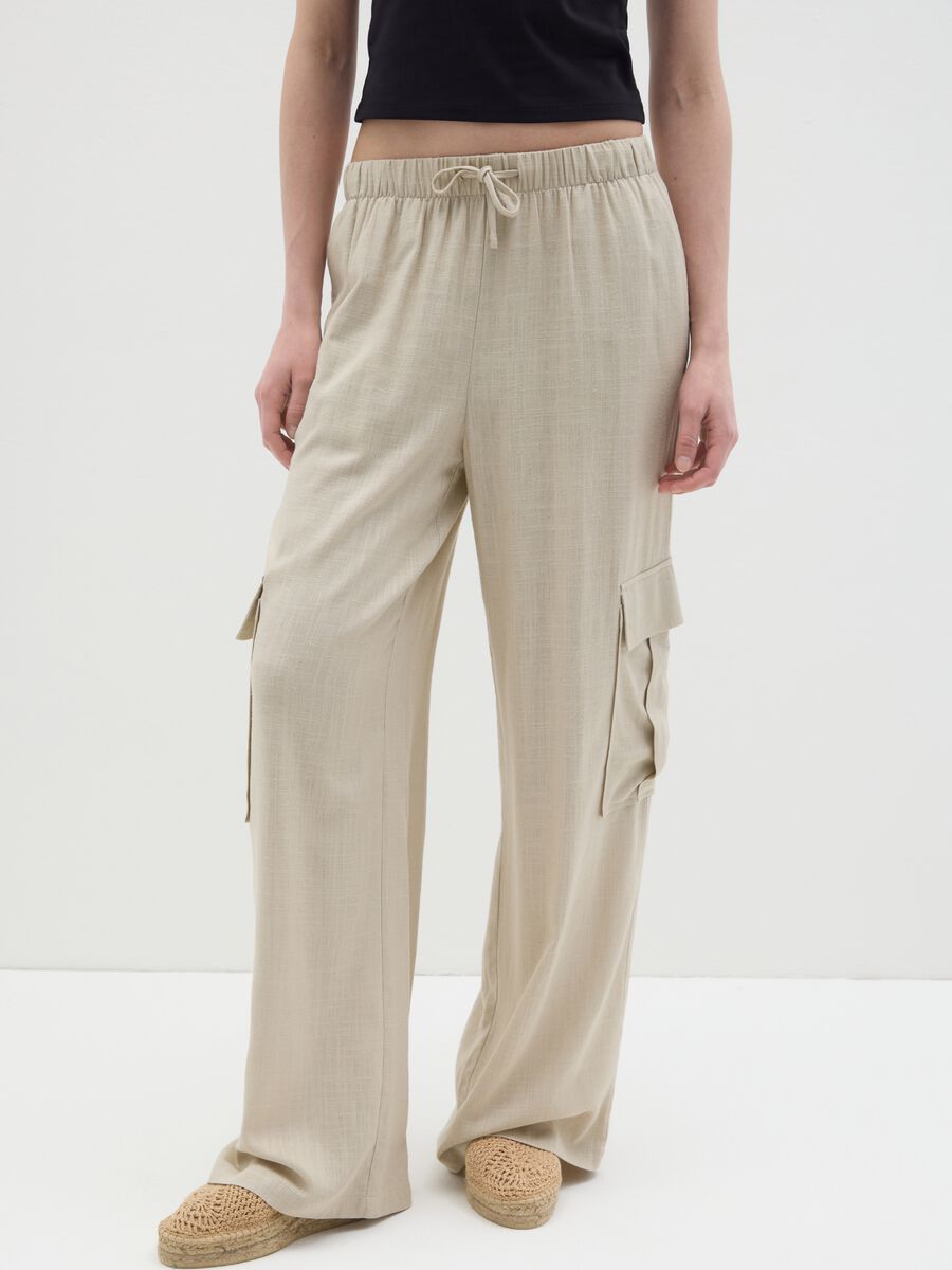 Women's beige trousers in viscose and linen blend with wide leg_1