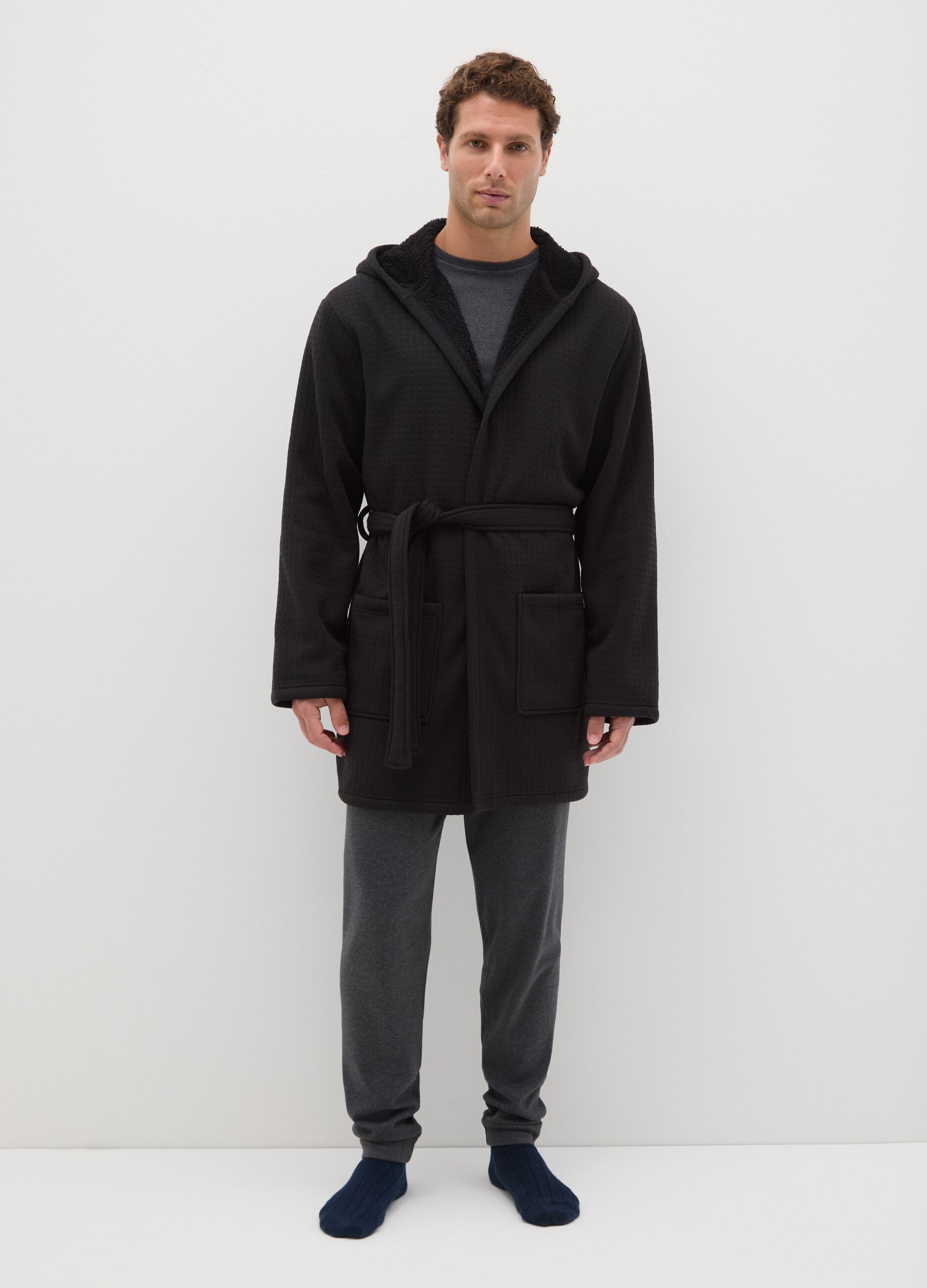 Black Checked Dressing Gown with Hood and Belt