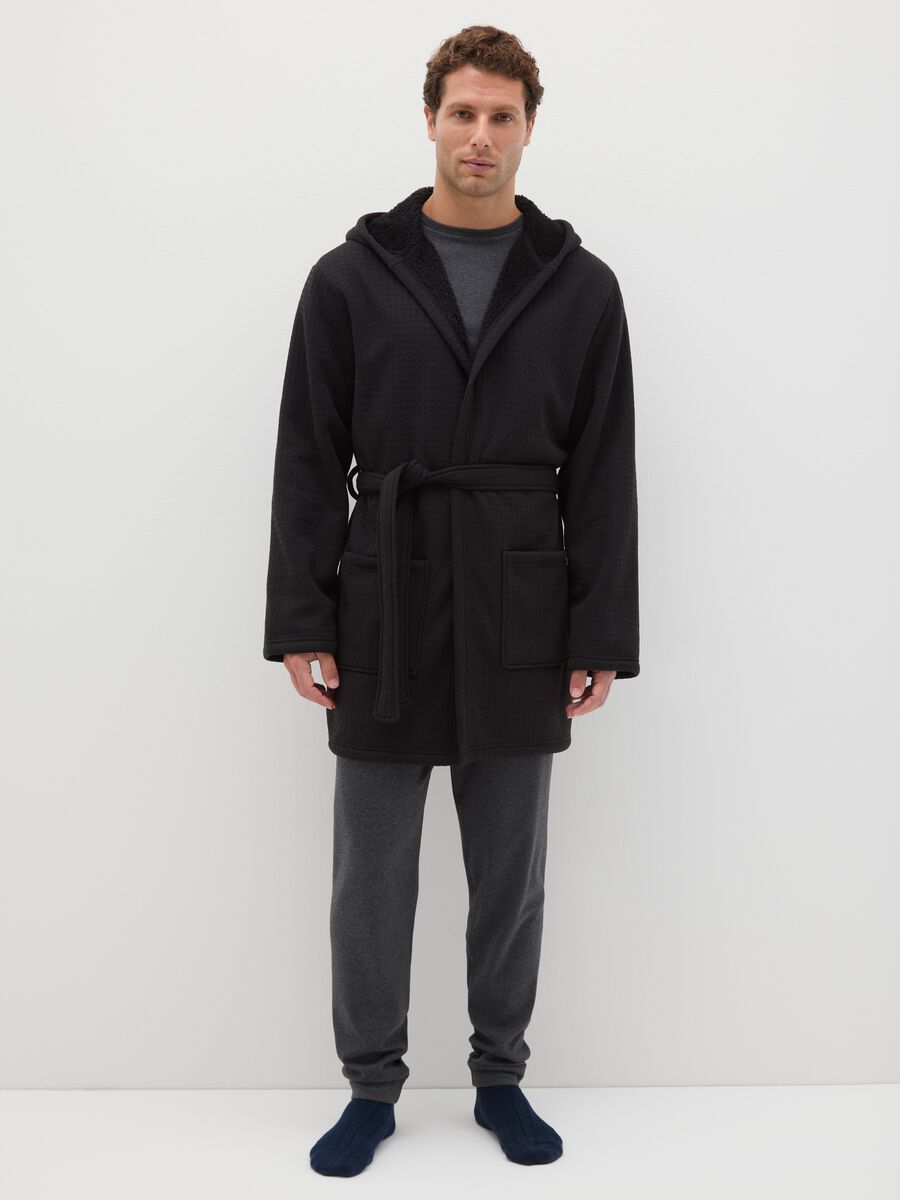 Black Checked Dressing Gown with Hood and Belt_0