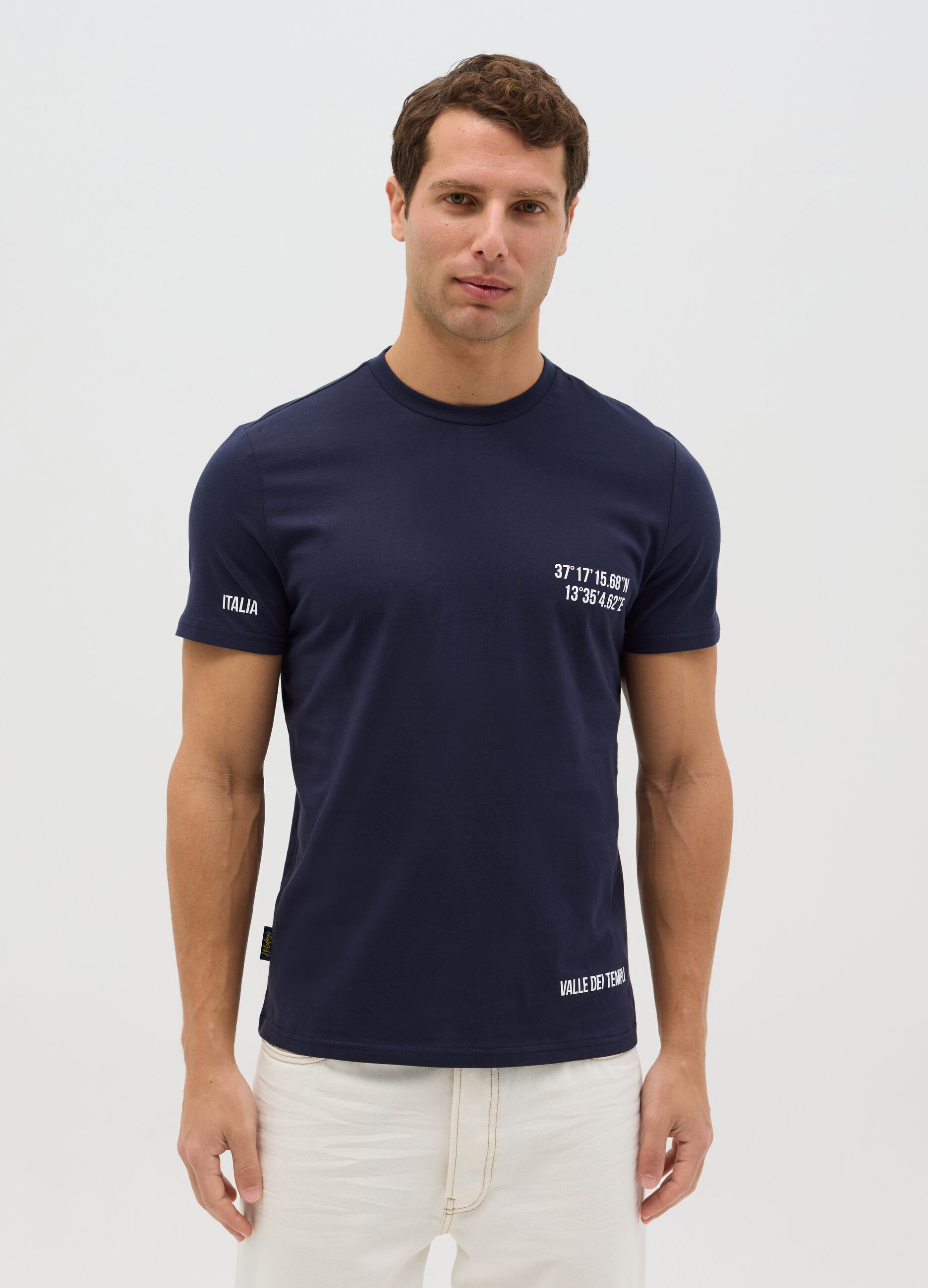 Cotton T-shirt with Valle dei Templi coordinates print