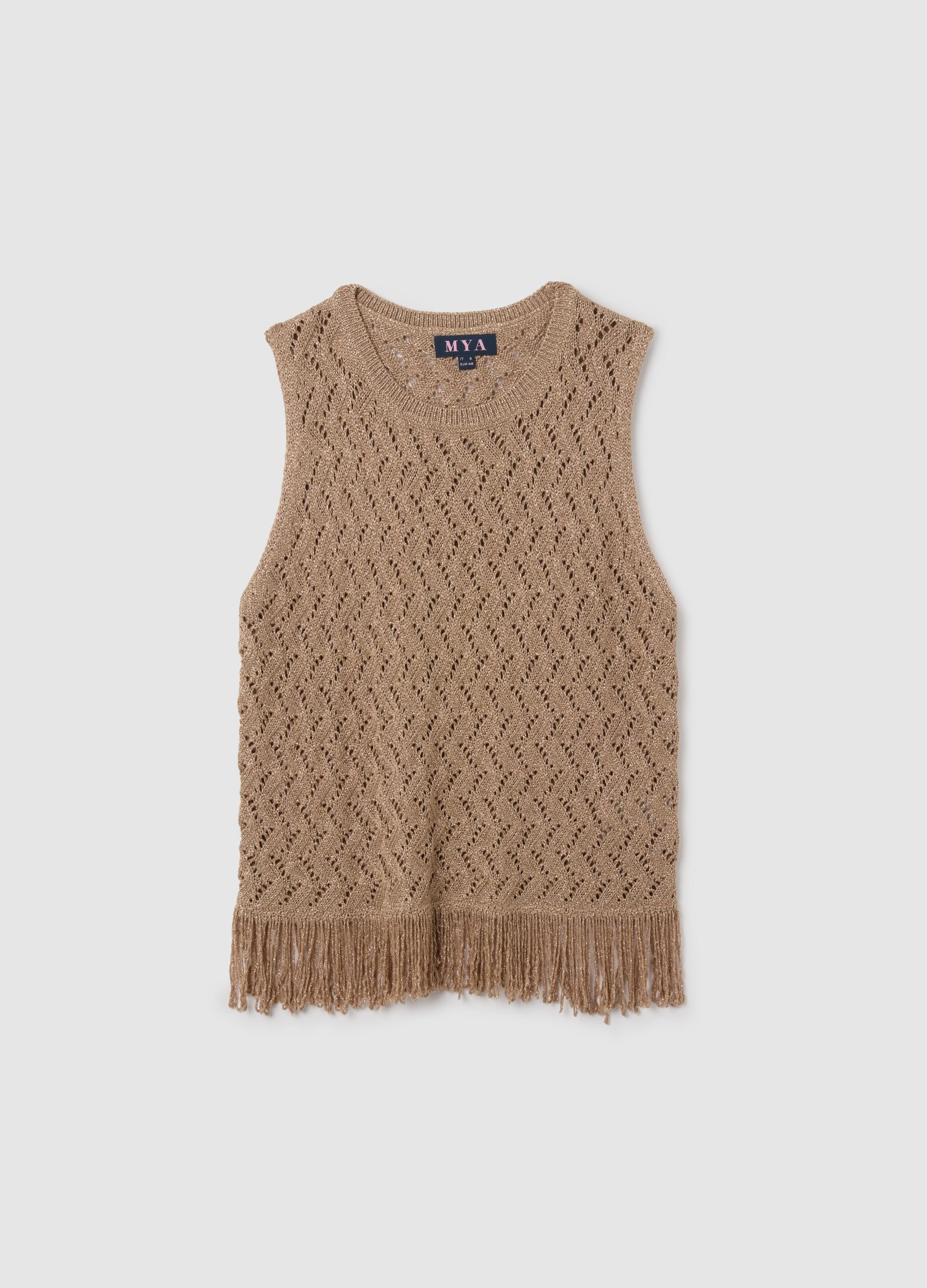 Top da donna in maglia marrone regular fit con frange