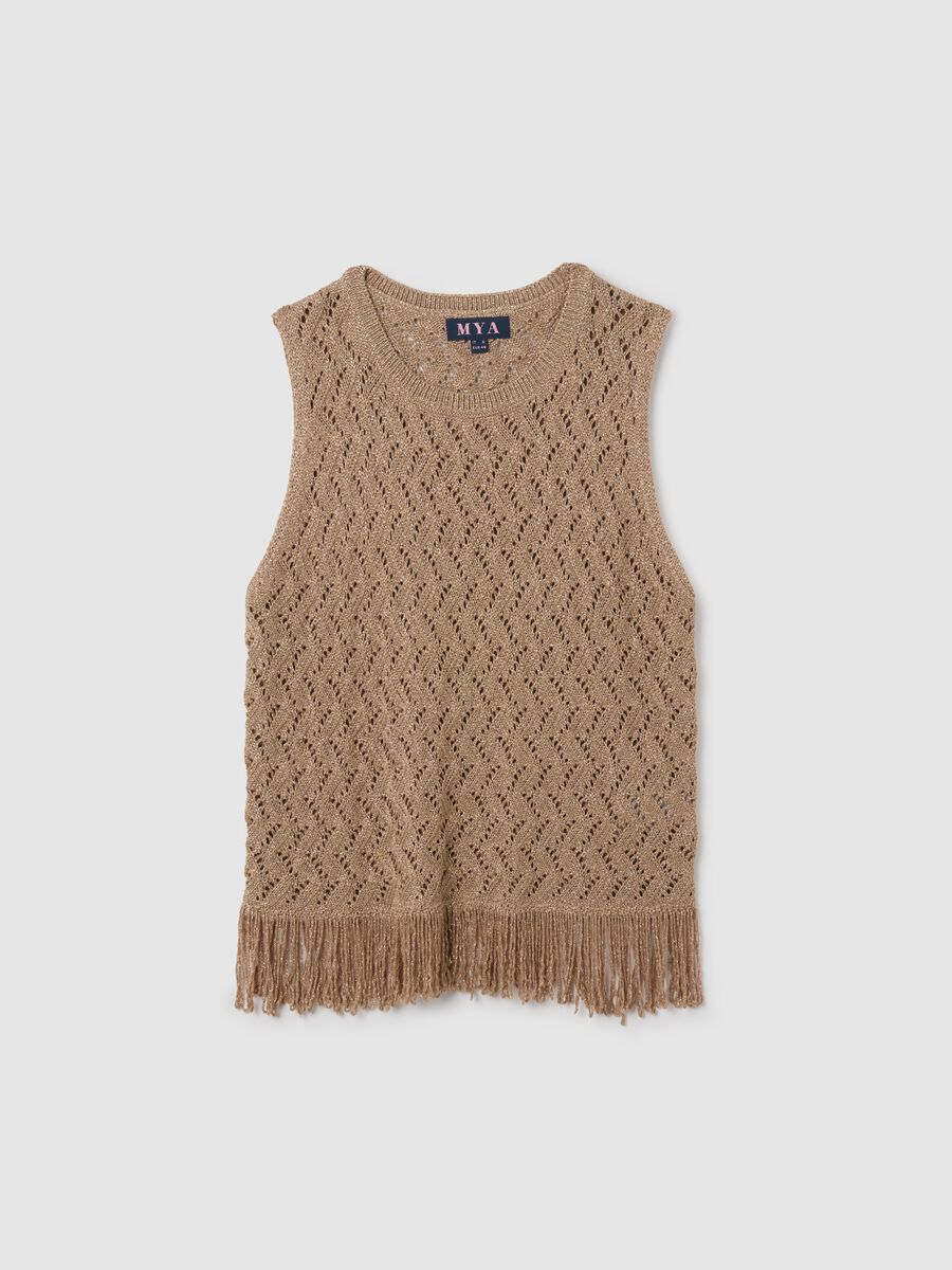Brown knitted women's top regular fit with fringes_0