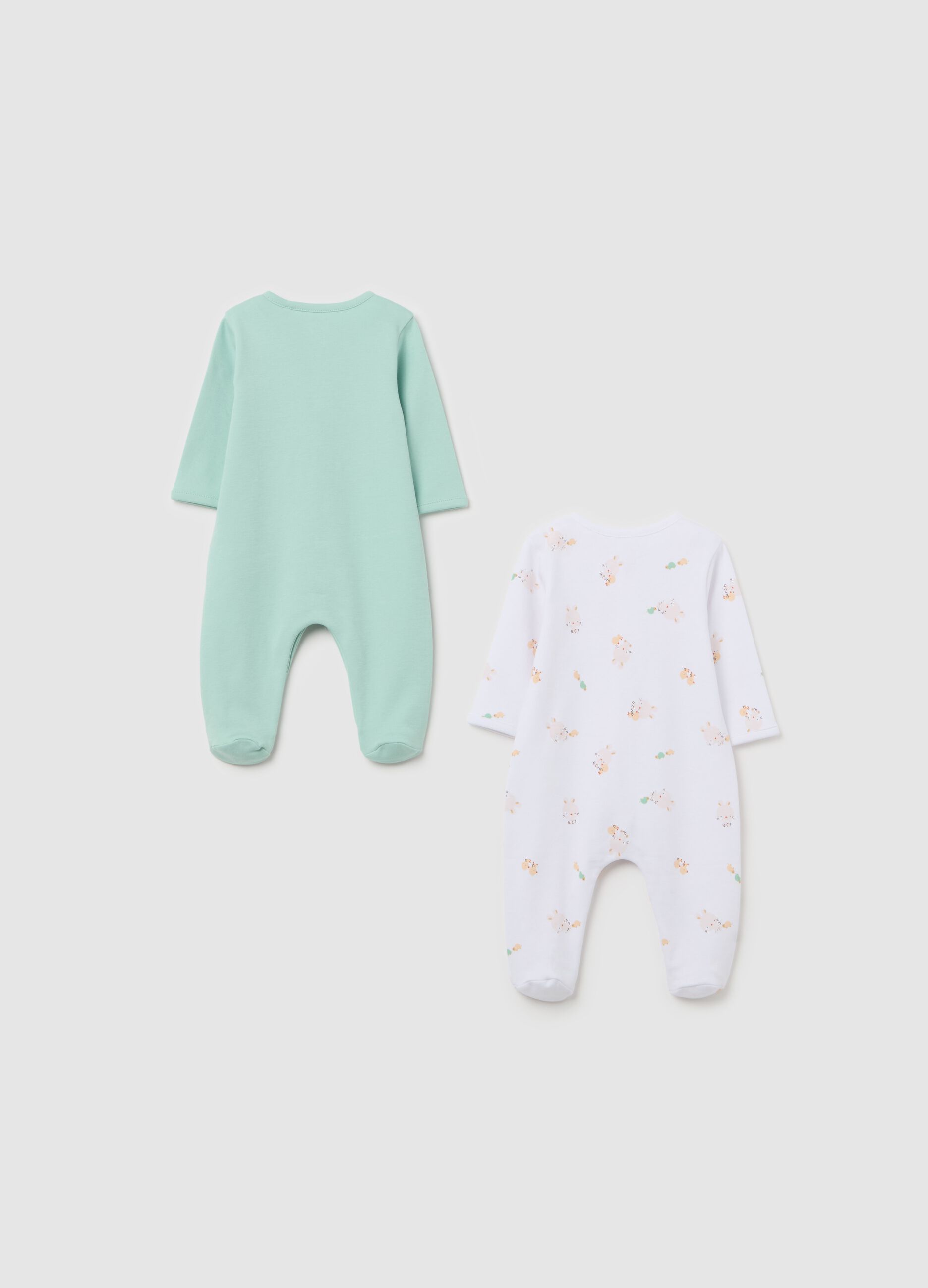 Two-pack onesie with feet and rabbits print