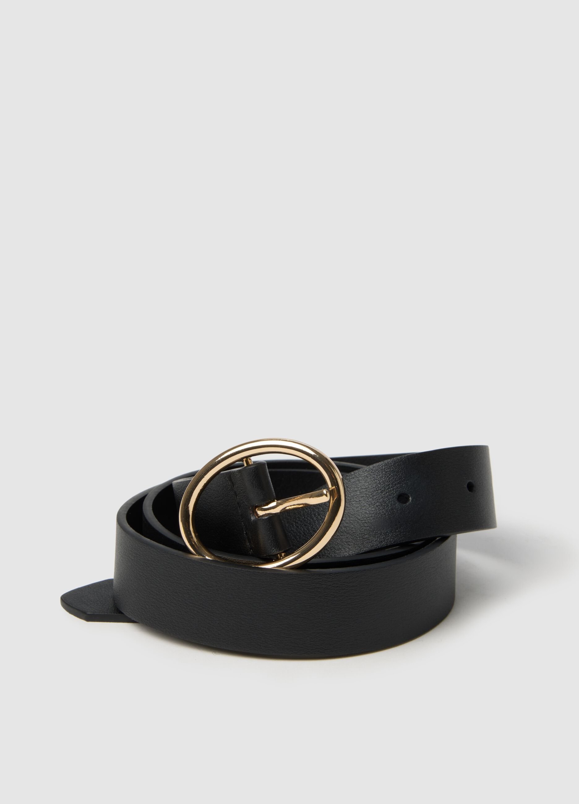 Black genuine leather belt with gold buckle