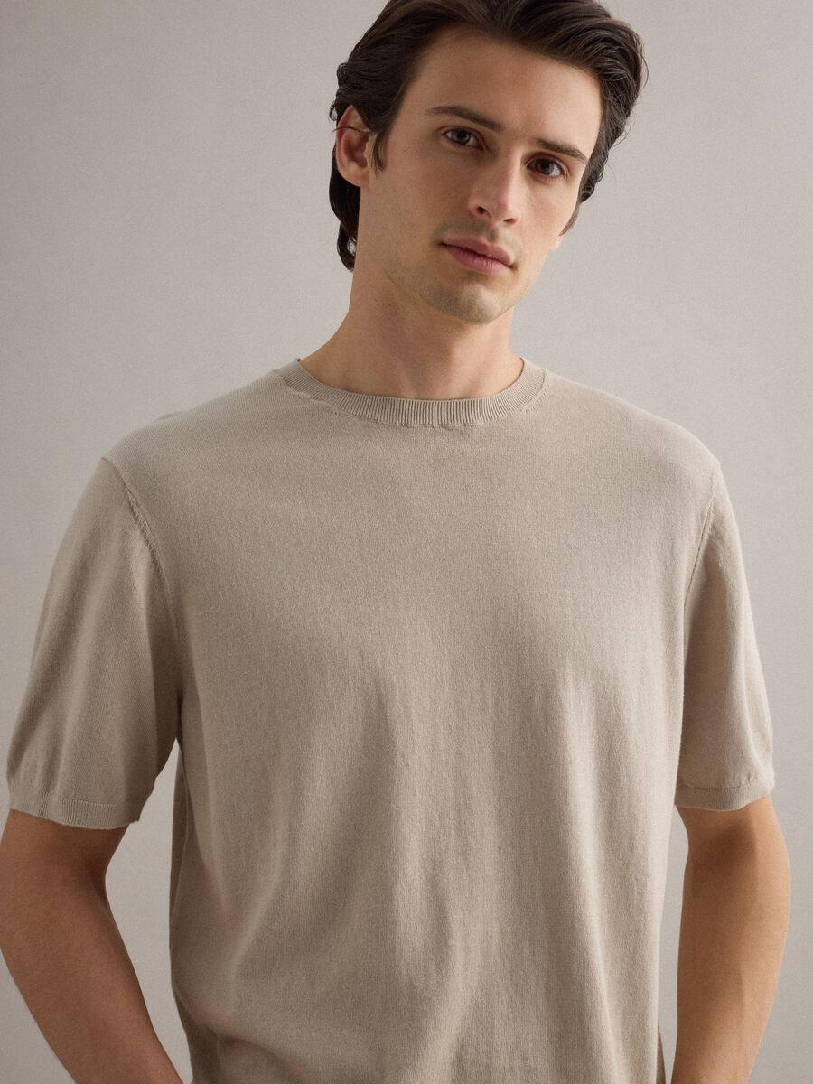 T-shirt a maniche corte in misto cotone, lino e seta beige regular fit_3