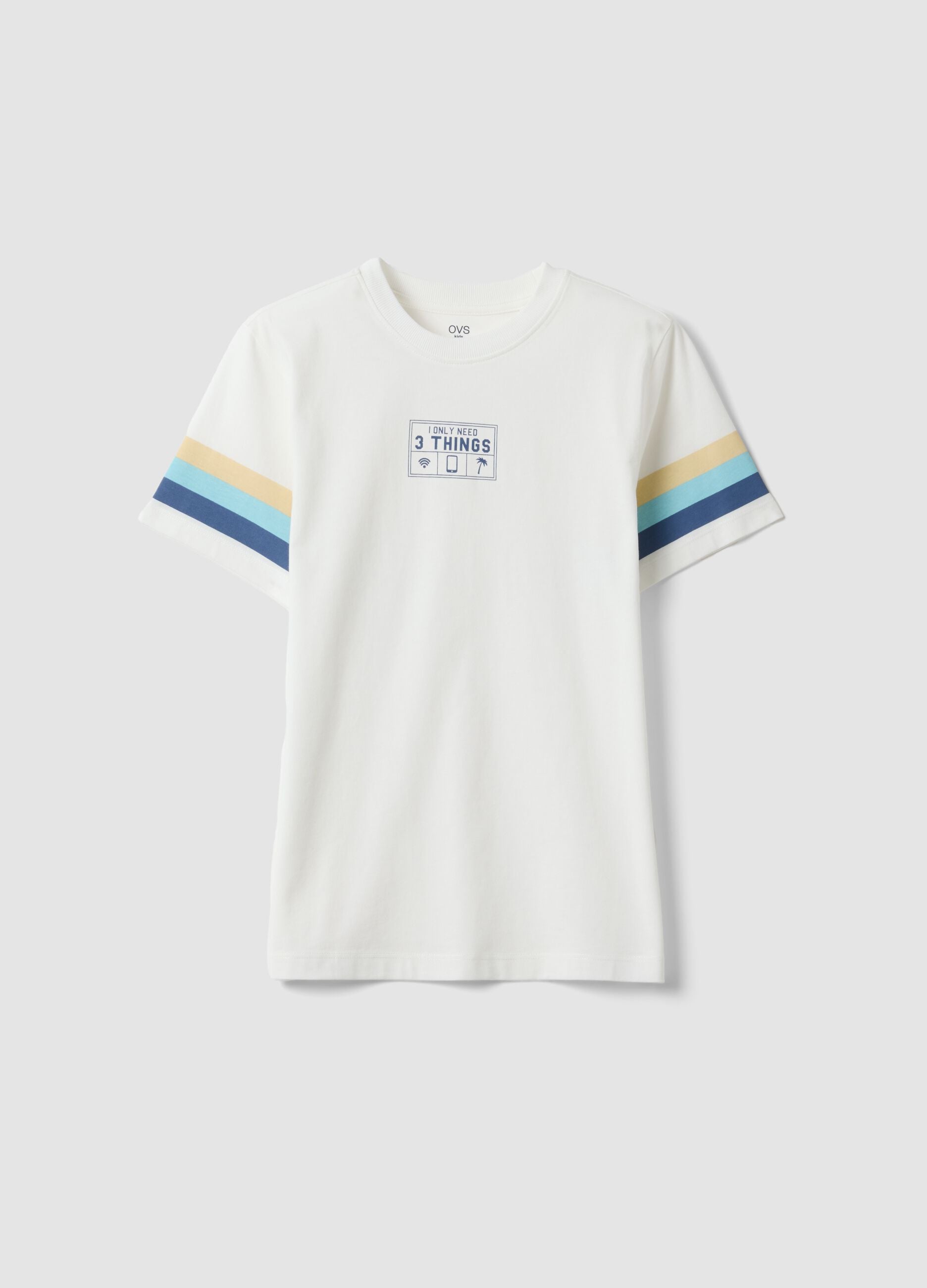 Boys&rsquo; white pure cotton T-shirt with striped sleeves