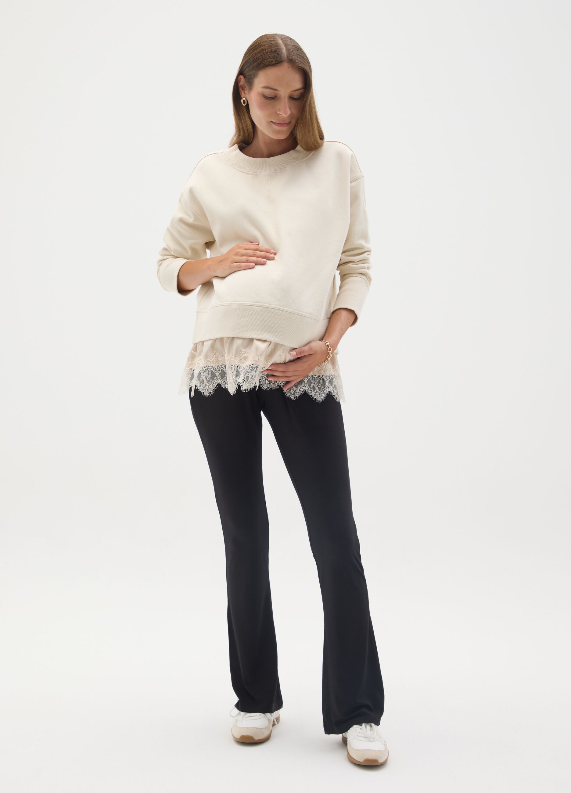 Cream maternity sweatshirt in cotton with lace hem