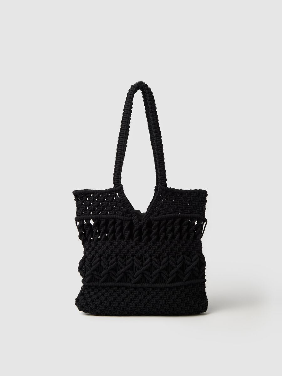 Women's black cotton blend woven tote bag_0