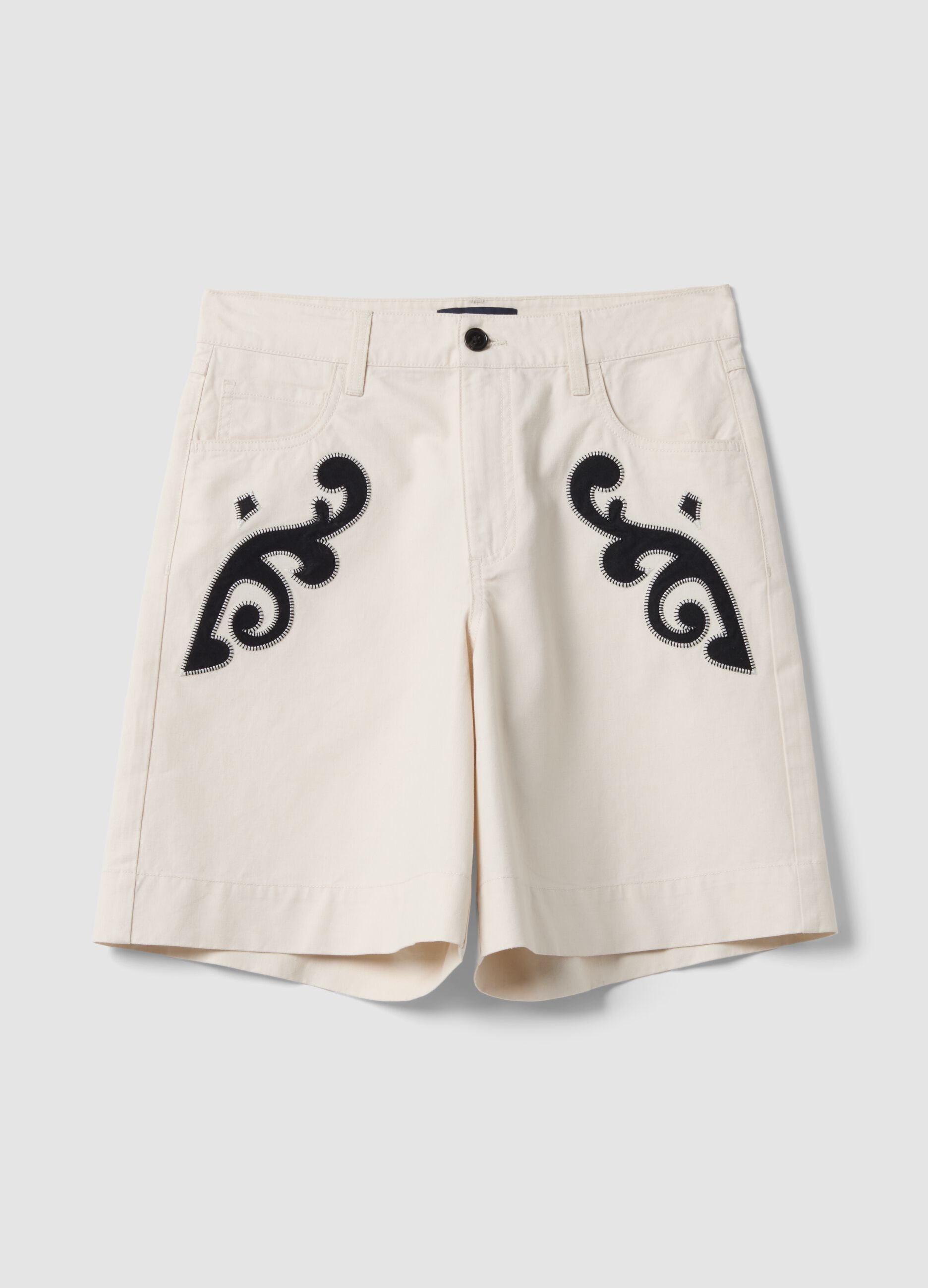 Shorts bianchi in misto lino e lyocell con ricami a contrasto regular fit