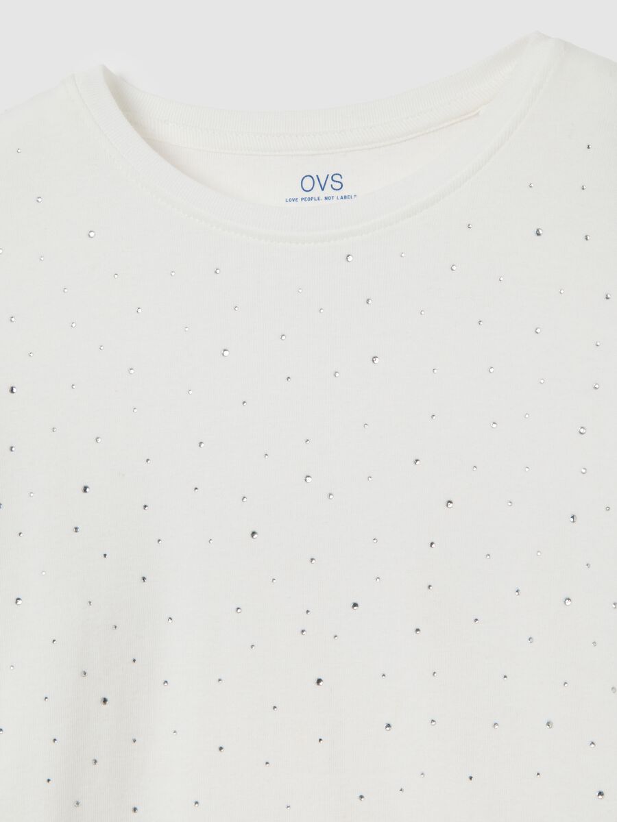 White long-sleeve regular fit pure cotton top with rhinestones_5