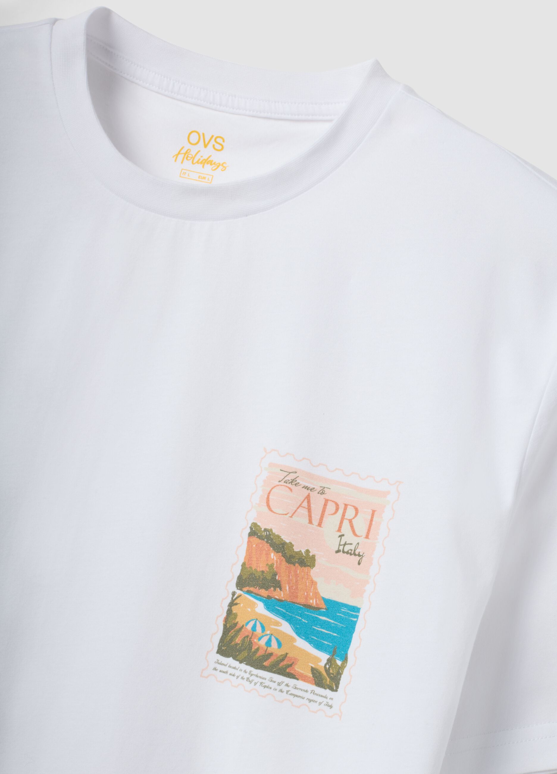 White pure cotton T-shirt with applied print, regular fit