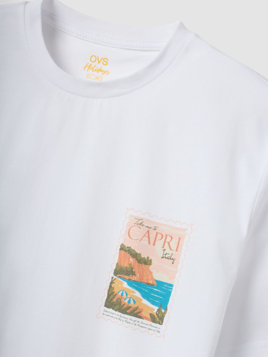 White pure cotton T-shirt with applied print, regular fit_5