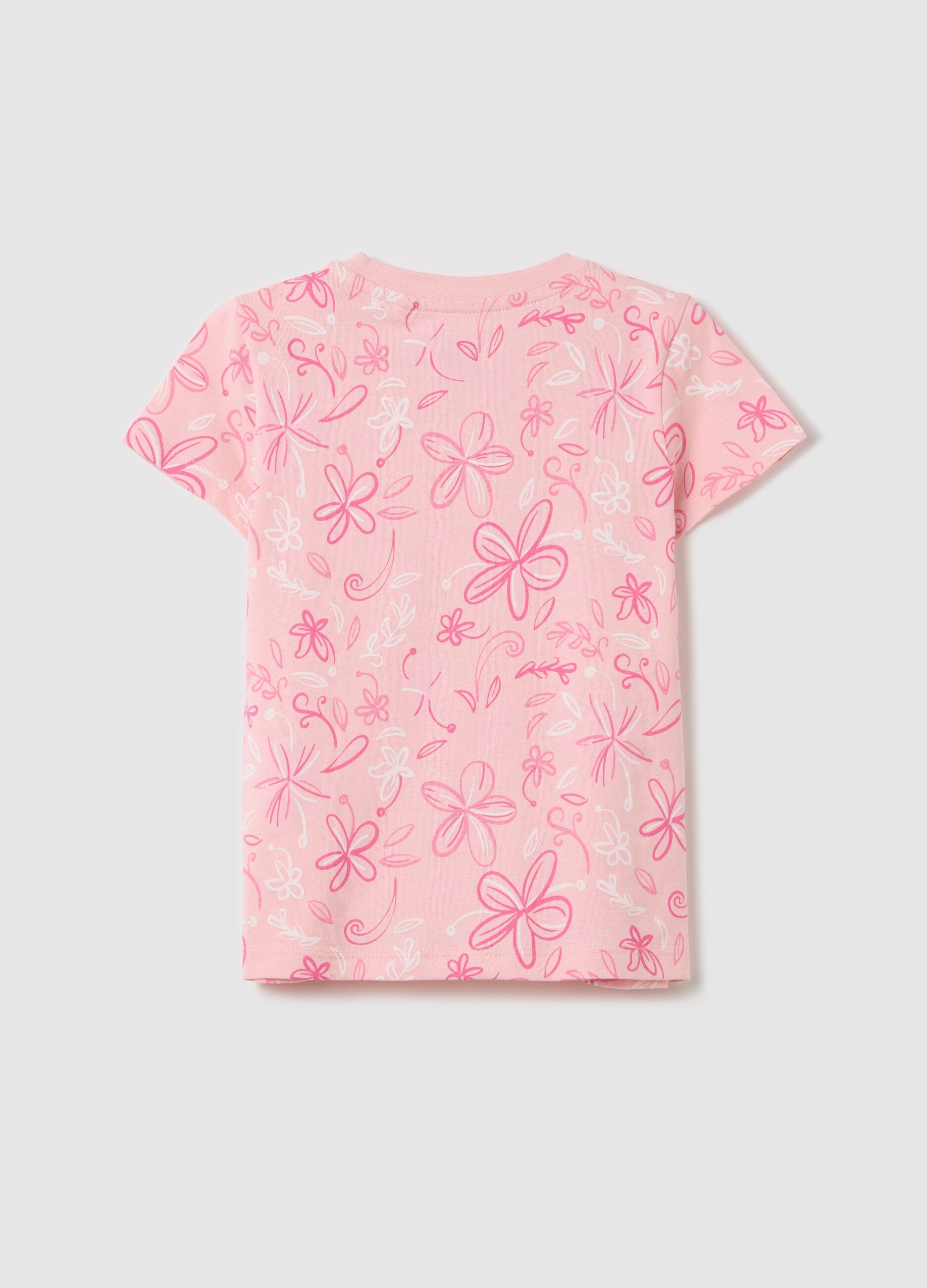 Pink organic cotton T-shirt with flowers print