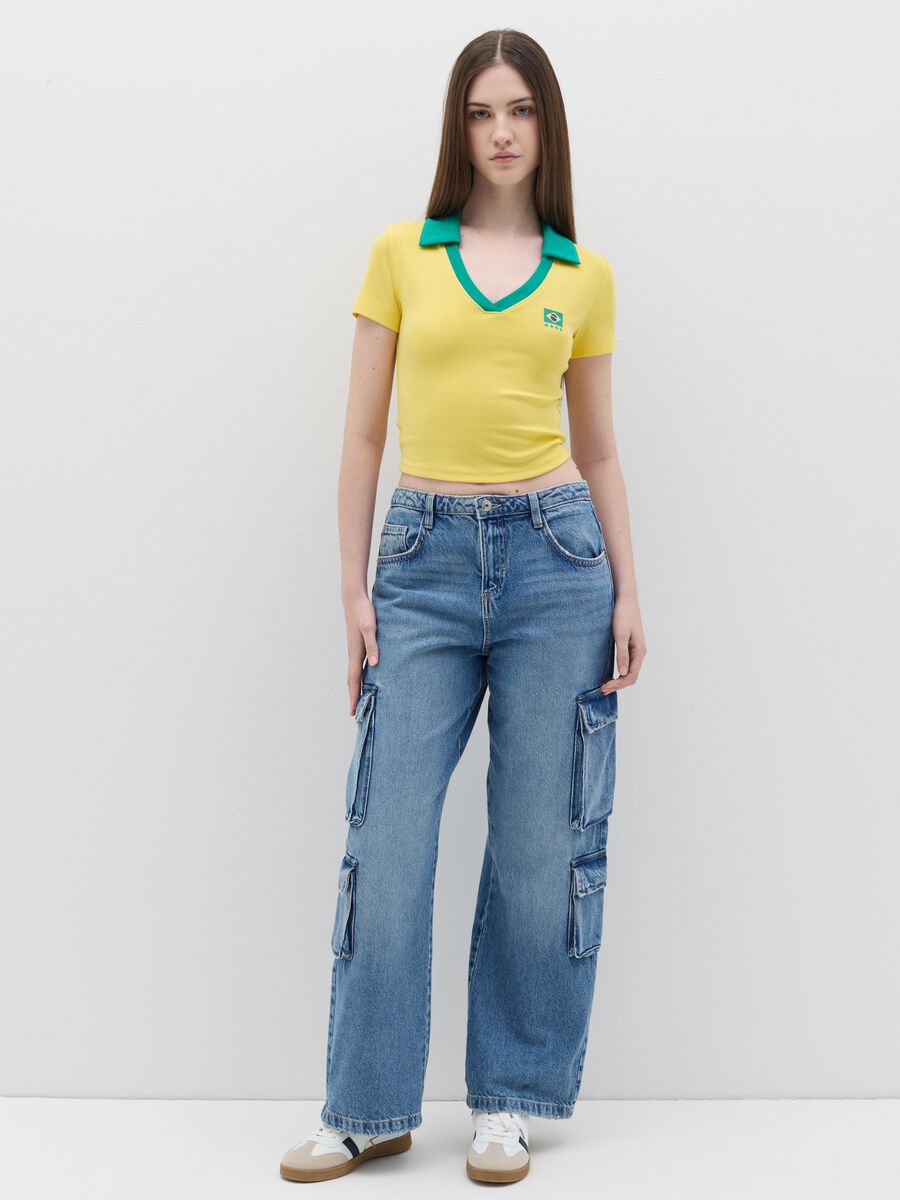 Yellow T-shirt with polo neck and "Brasile" print_1