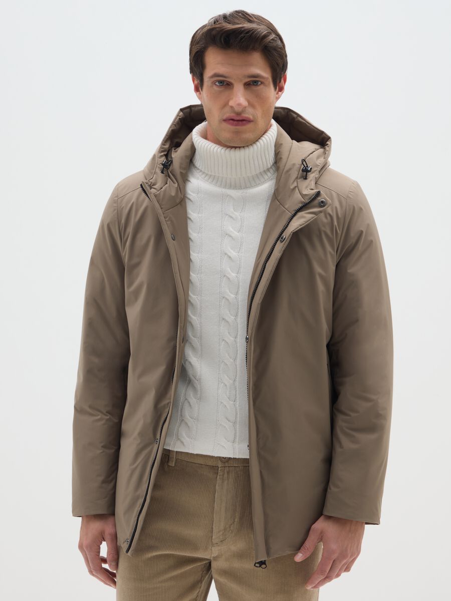 Brown regular fit parka with zip closure_0