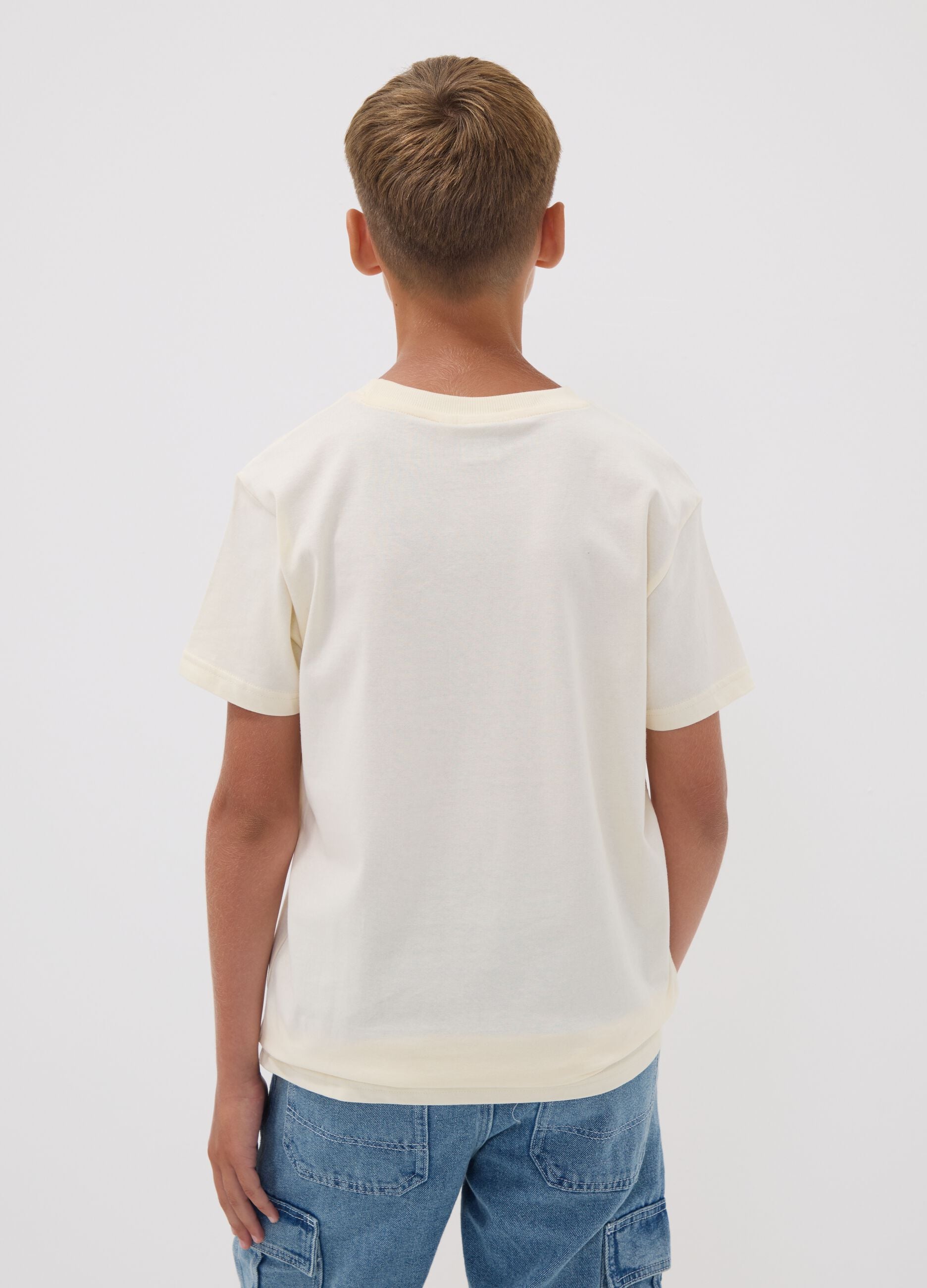 Children's regular fit beige pure cotton t-shirt with prints