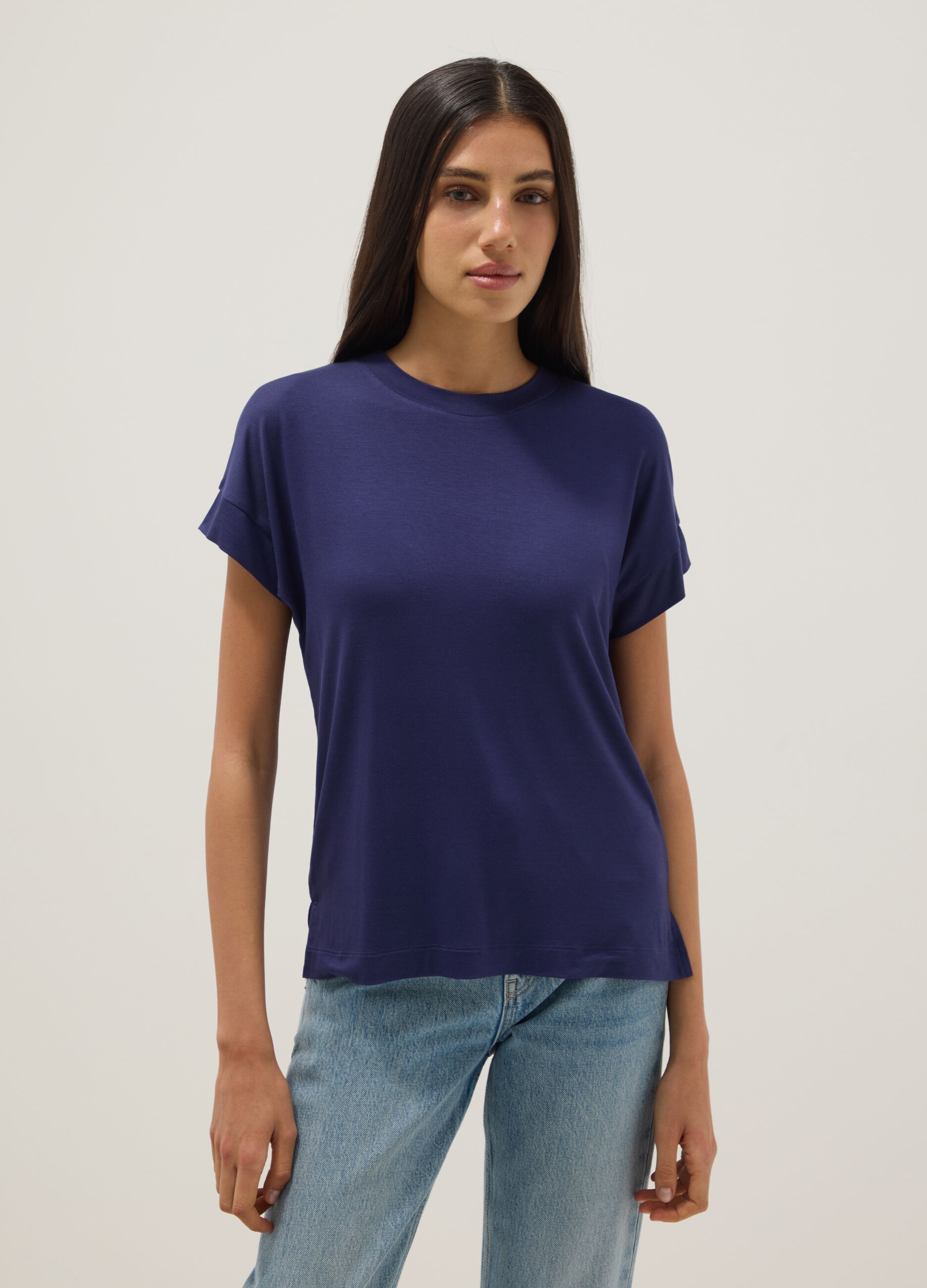 Blue short-sleeve stretch viscose T-shirt
