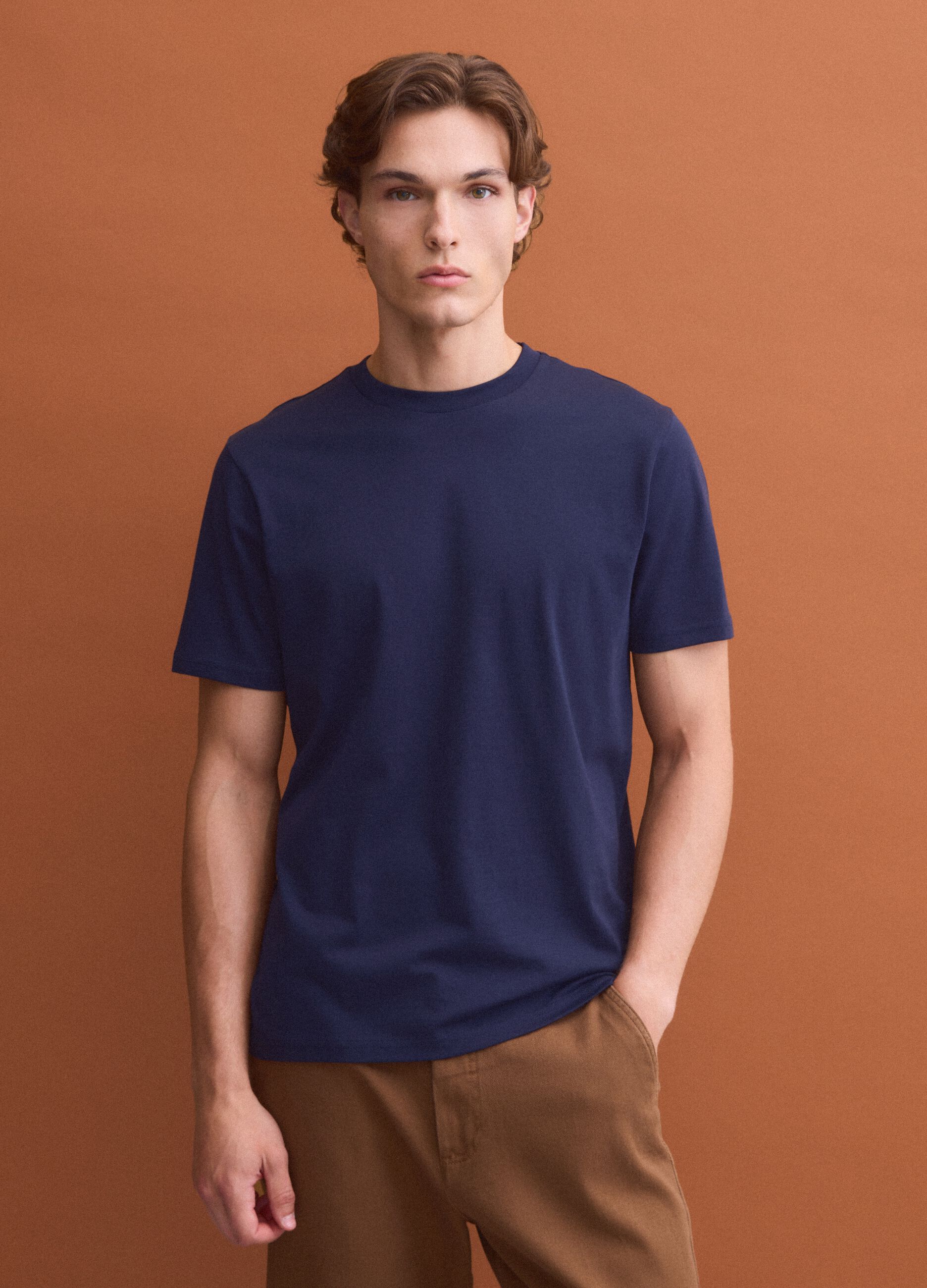 Blue pure cotton crew-neck T-shirt, regular fit