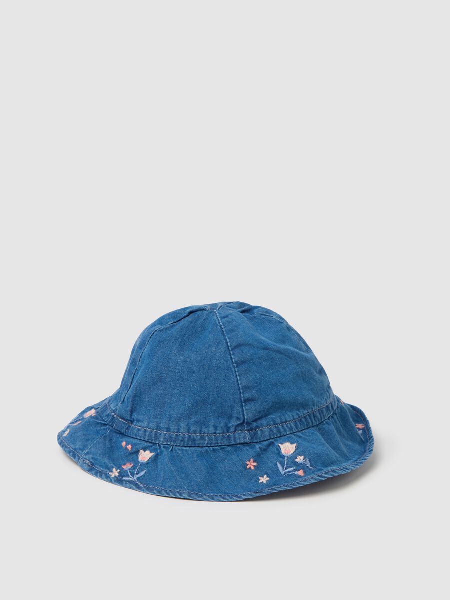Denim hat with flowers embroidery and bow_1