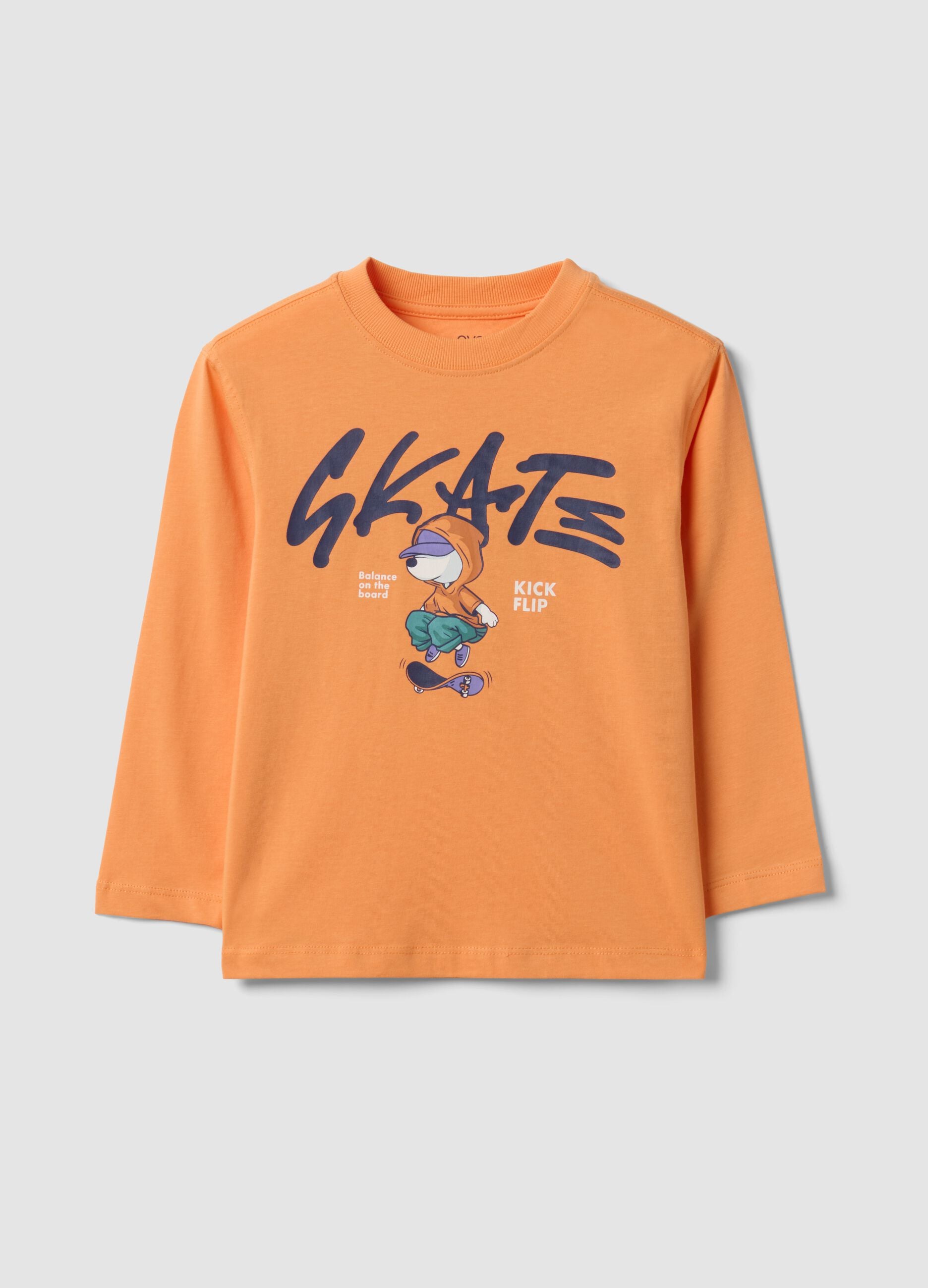 Orange oversized pure cotton skate-print T-shirt for boys