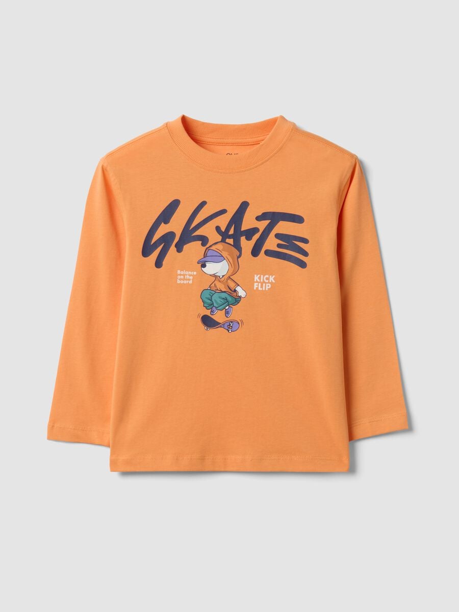 T-shirt over fit arancione in puro cotone con stampa skate per bambino_0
