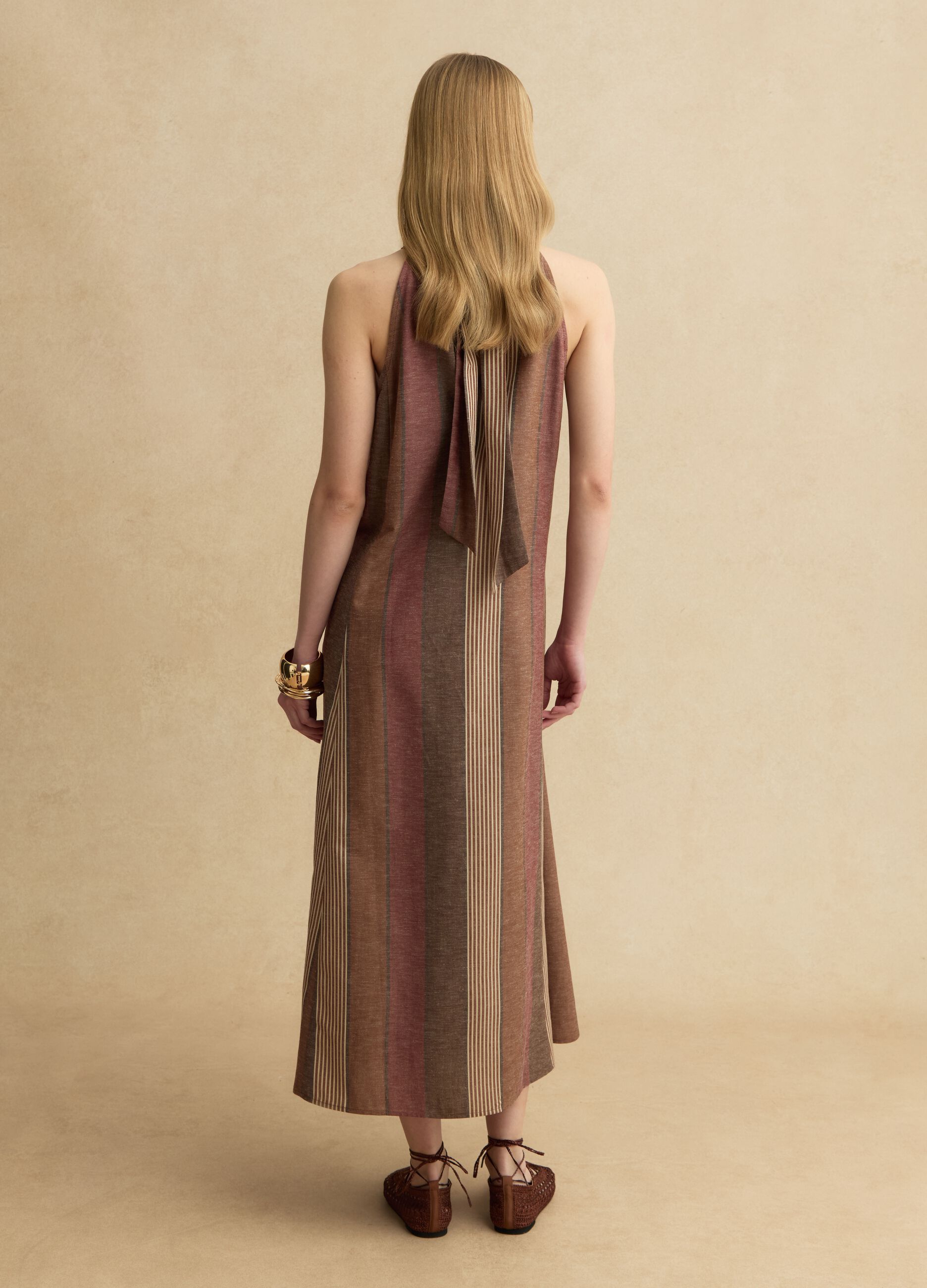 Multicoloured striped viscose and linen blend dress with relaxed fit