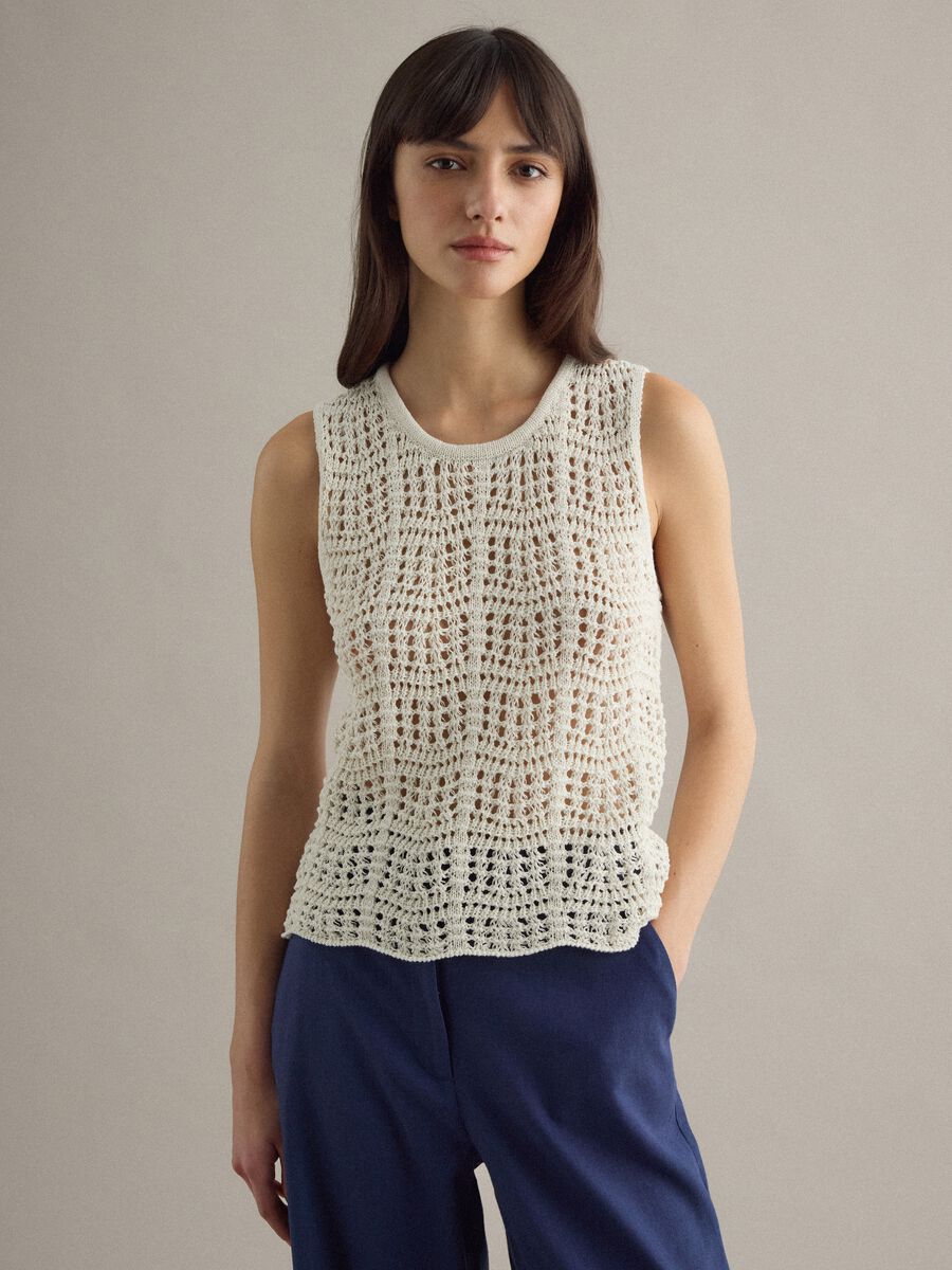 Tank top in misto cotone bianco regular fit con texture a rete_2