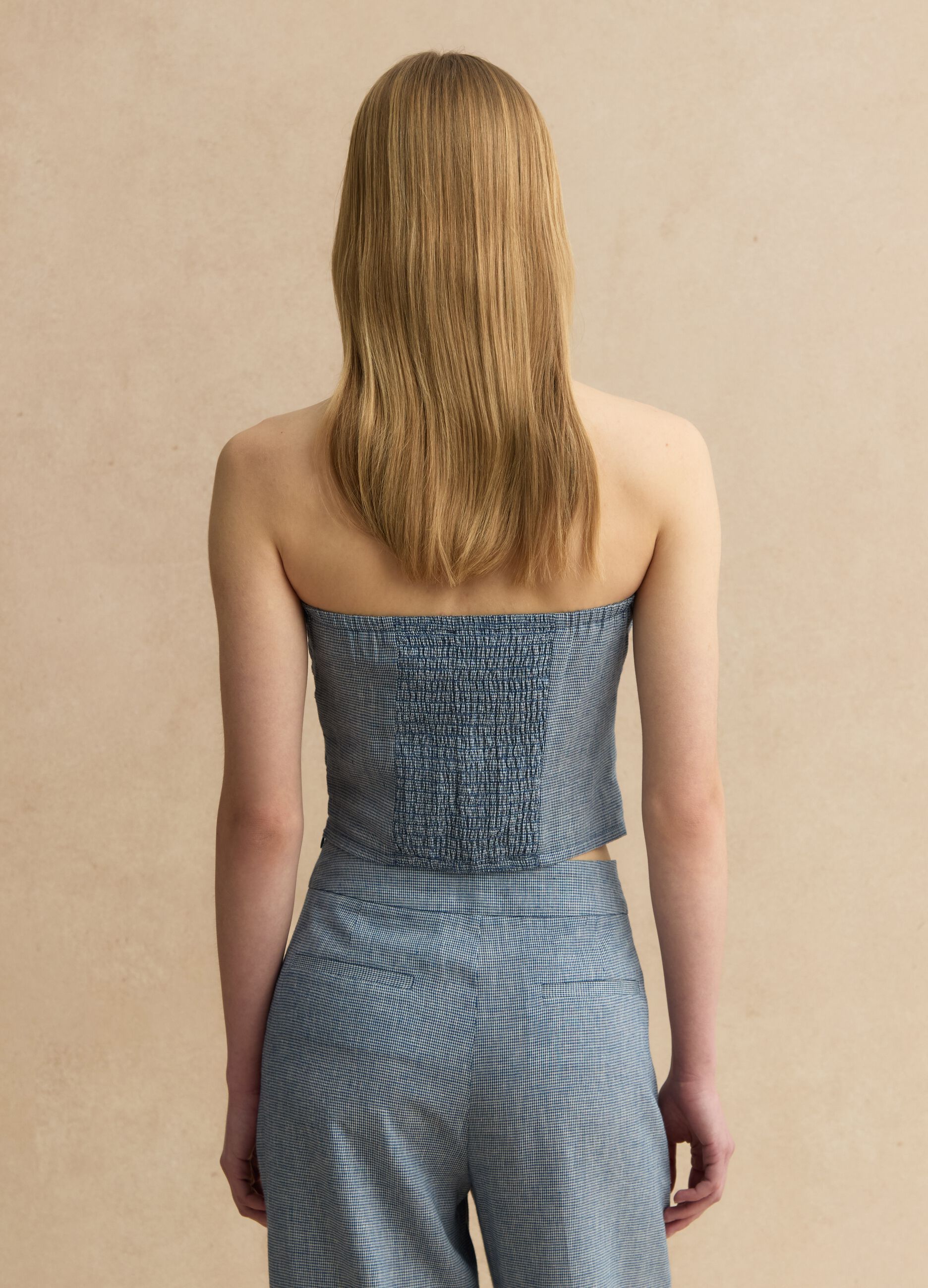 Slim-fit white and blue checked linen-blend corset