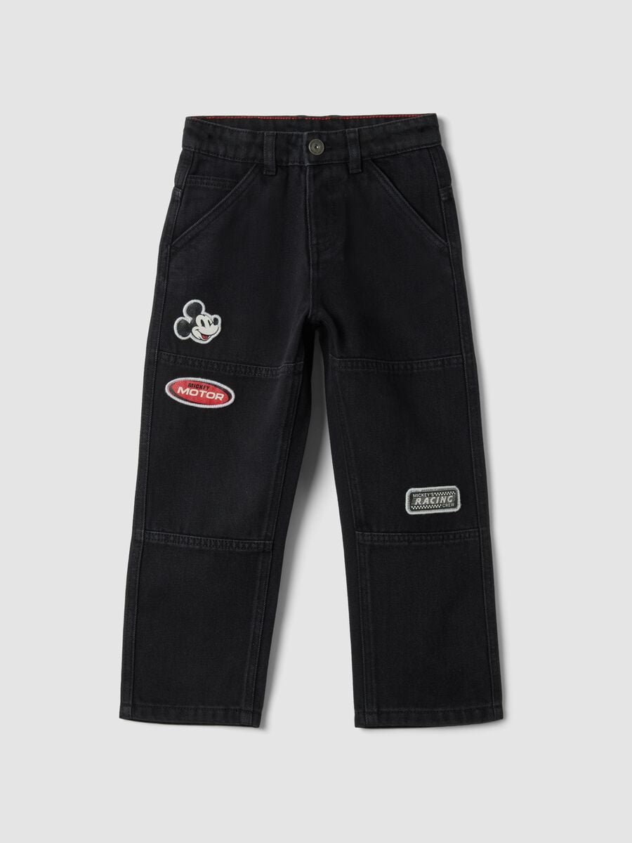 Black wide-leg jeans in cotton, viscose and lyocell blend with Mickey print_0