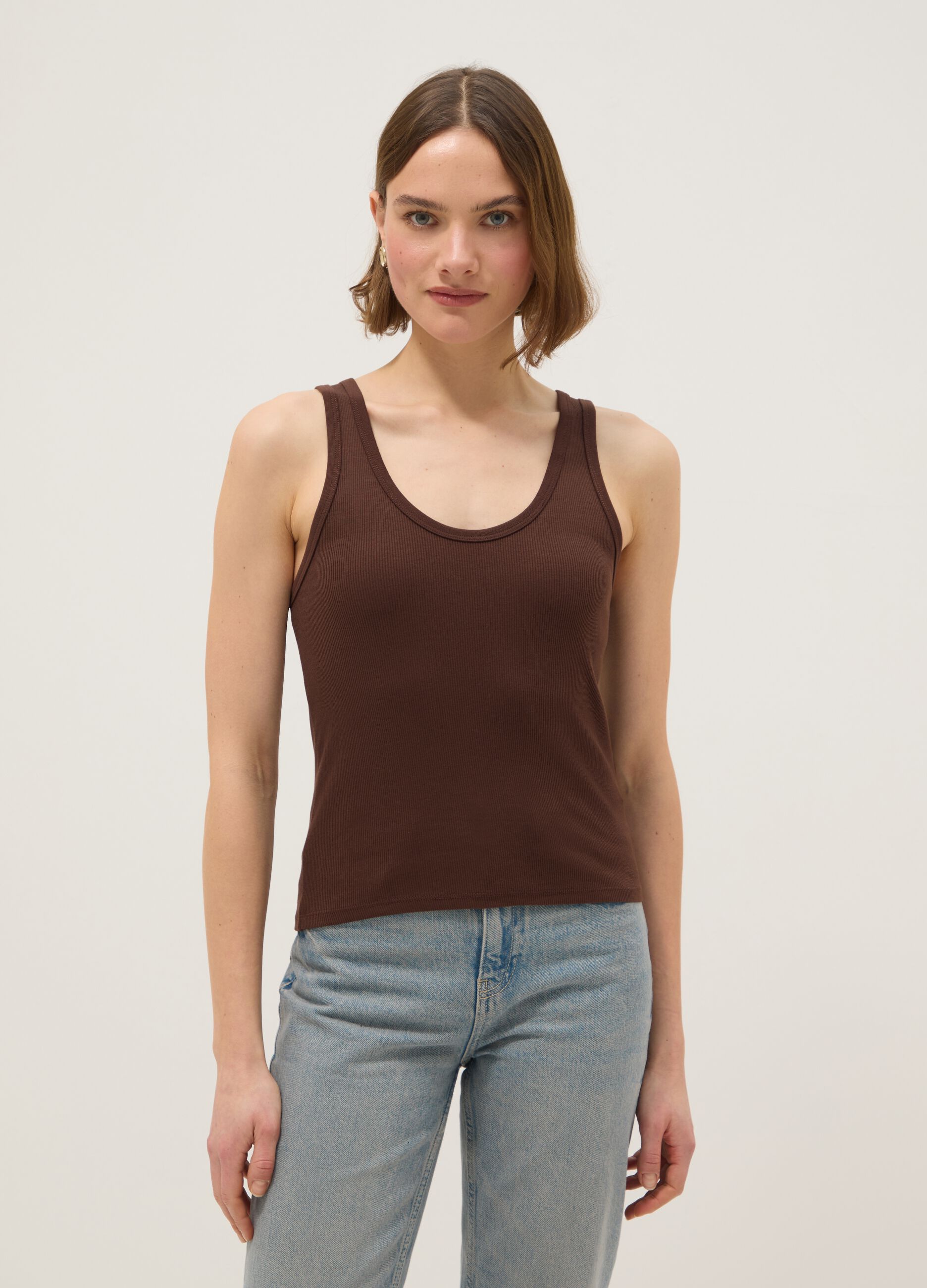 Brown stretch cotton tank top regular fit