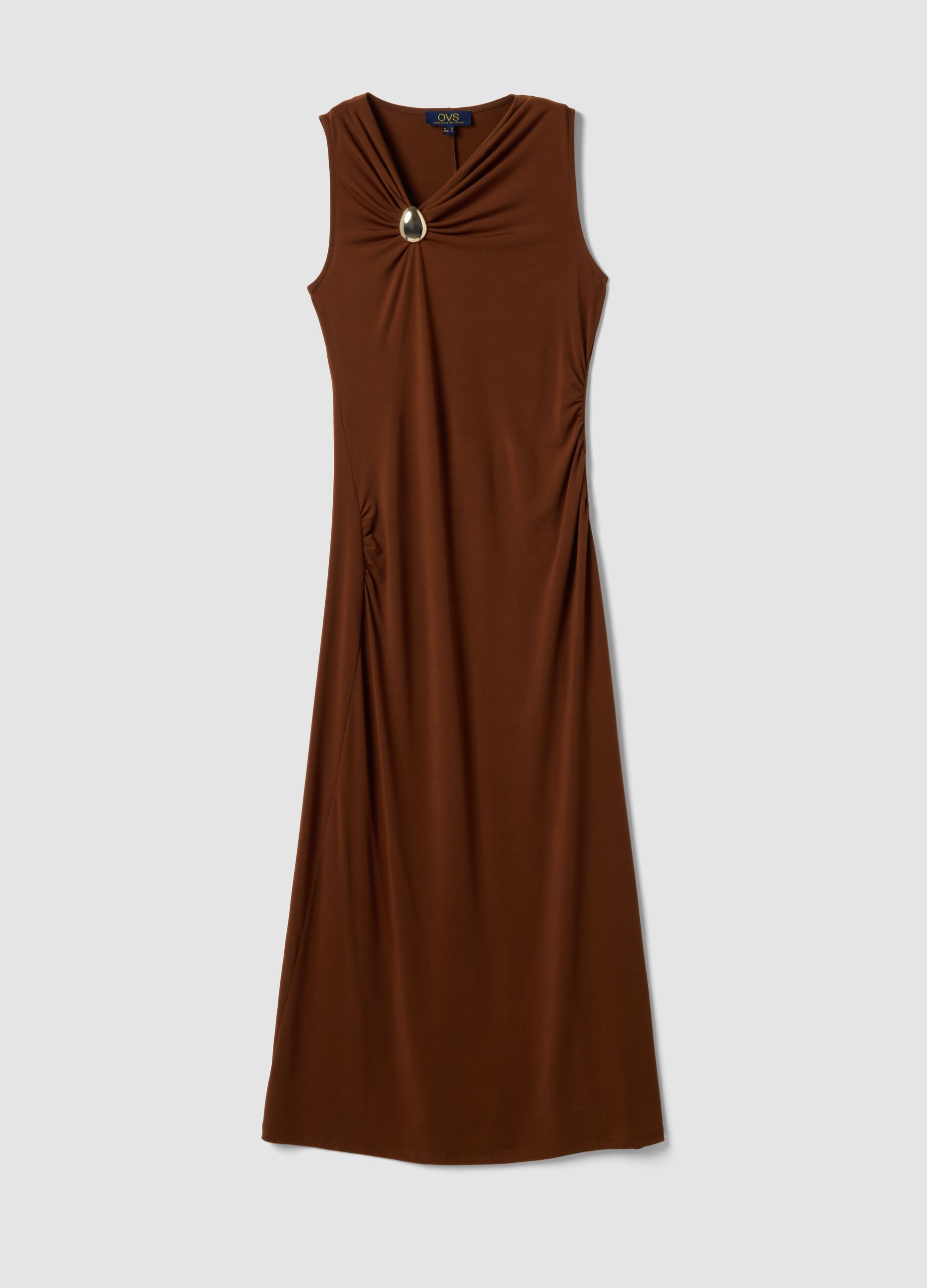Brown sleeveless midi dress in stretch fabric