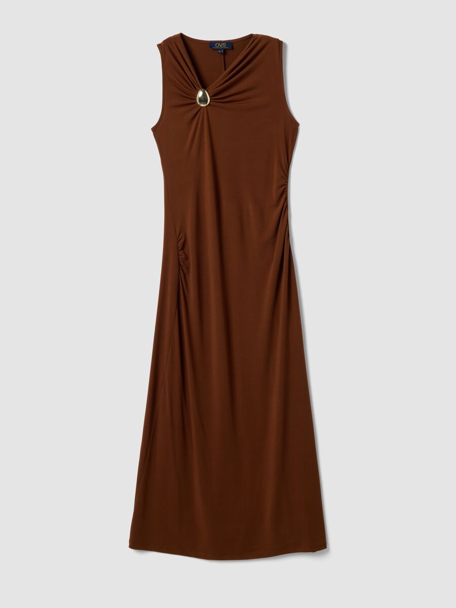 Brown sleeveless midi dress in stretch fabric_0