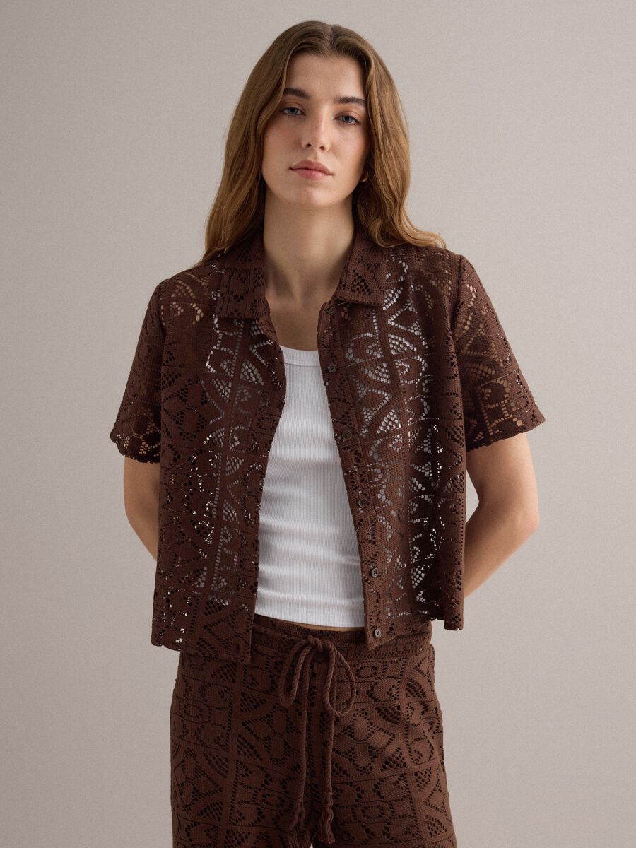 Brown open-knit short-sleeve polo shirt, regular fit_1