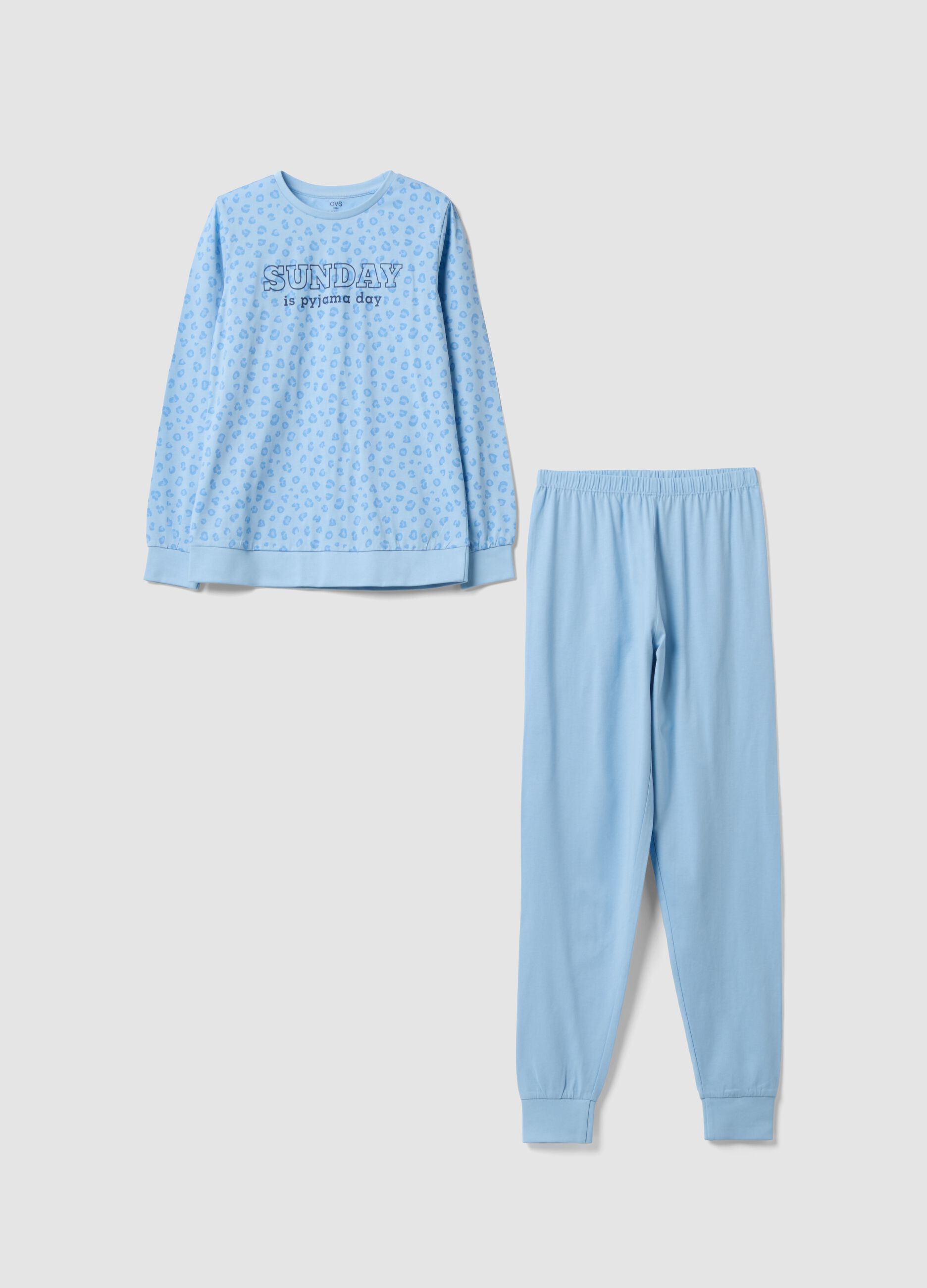 Pigiama azzurro in puro cotone organico con fantasia animalier