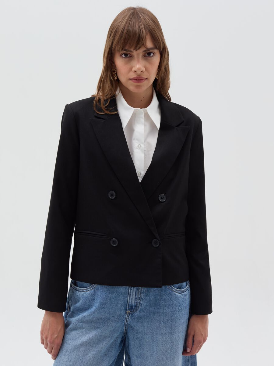 Solid colour double-breasted blazer_0