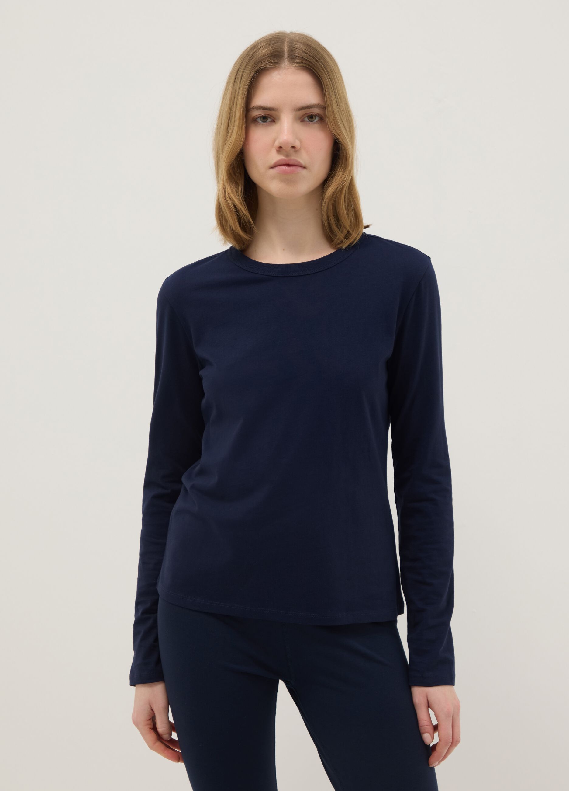 Men's long sleeve blue T-shirt in pure cotton regular fit