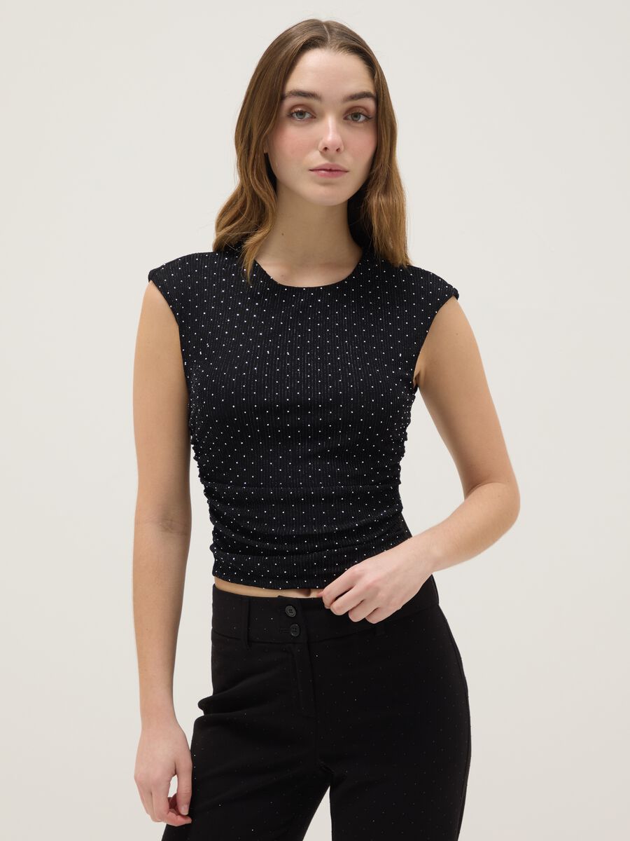 Black sleeveless top regular fit with back open and rhinestones_0