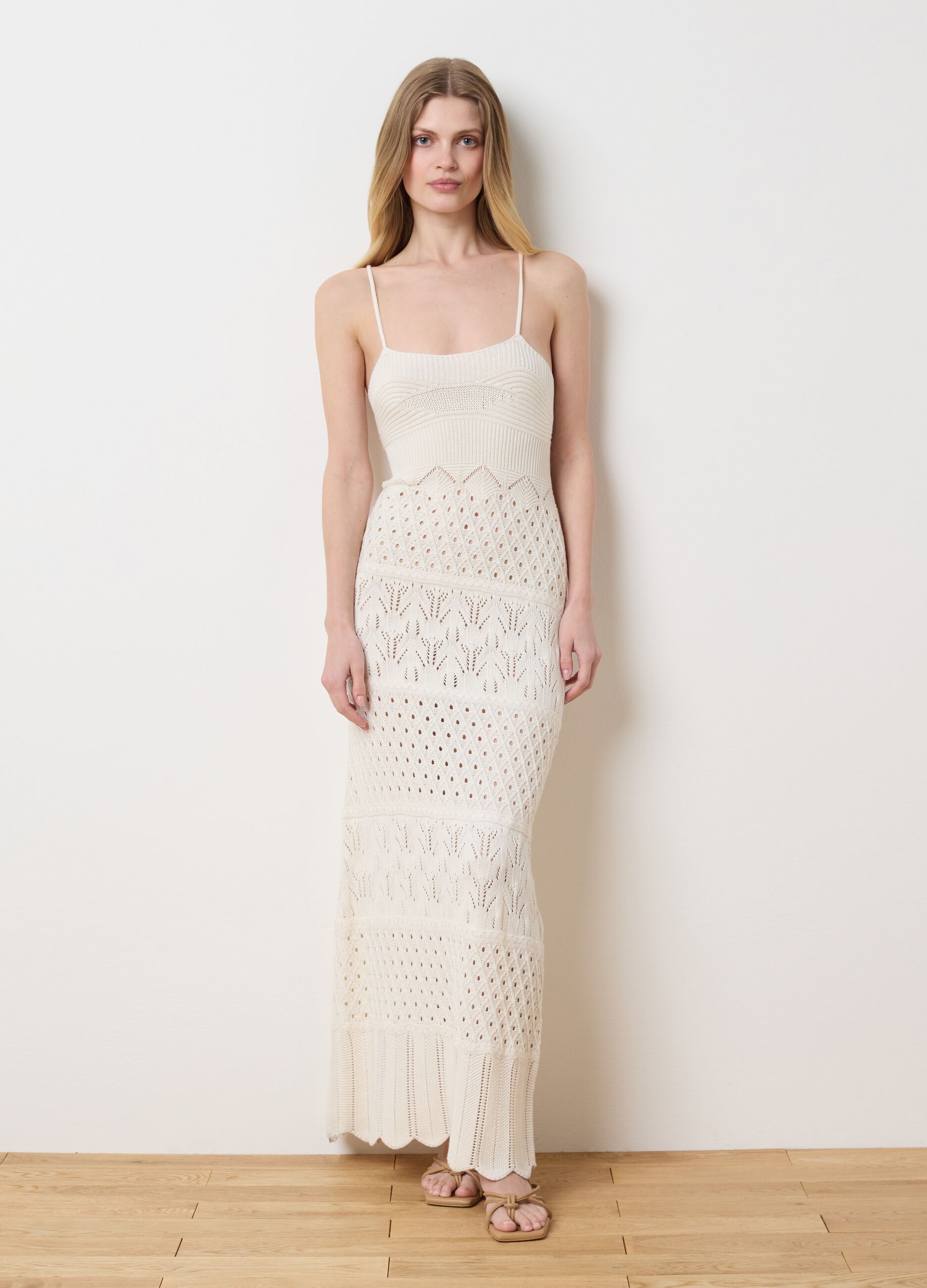 Long beige dress in crochet knit